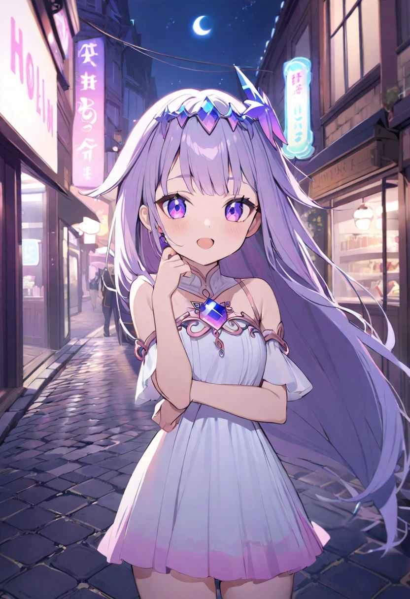 ancient stone jewelry/(Holographic live broadcast/), 1 girl, alone, town, cobblestone road, night, new moon, Cowboy shooting 