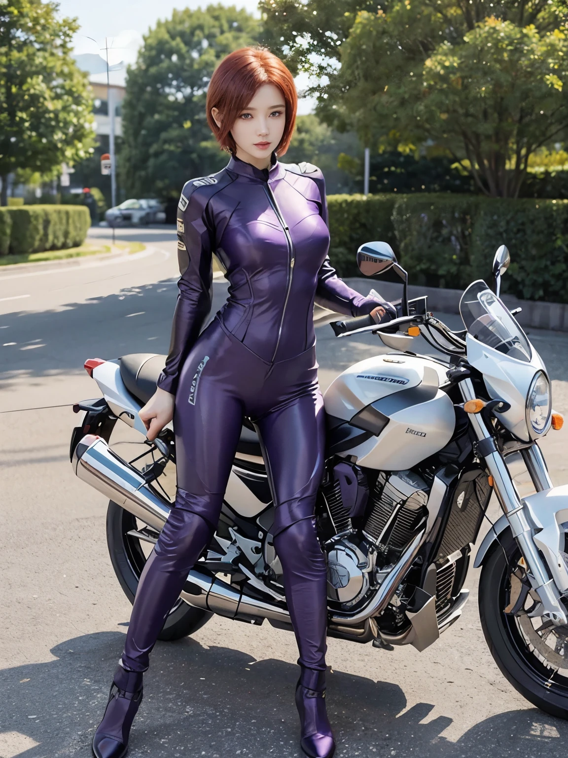  (realistic:1.5), 8k, Super delicate beauty, 1 girl, intricate body details, (short: 1.3), (highest quality: 1.0), (Super high sharpness: 1.0),（Beautiful and delicate depiction of eyes）,((((ride a motorcycle)))),unreal engine:1.4, photorealistic:1.4, skin texture:1.4, masterpiece:1.8,highest quality、smile、long limbs、((purple racing suit and long pants))、(((redhead short hair)))