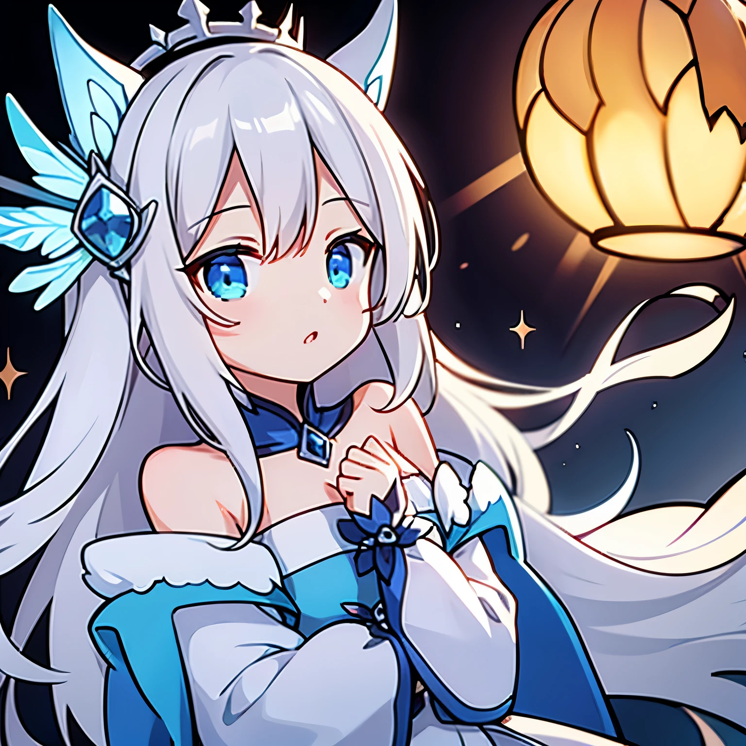 bust，Queen of Coral Terrace，The cold queen ，dragon girl，White clothes，dark blue eyes，white hair，Off the shoulders，Ice Crown