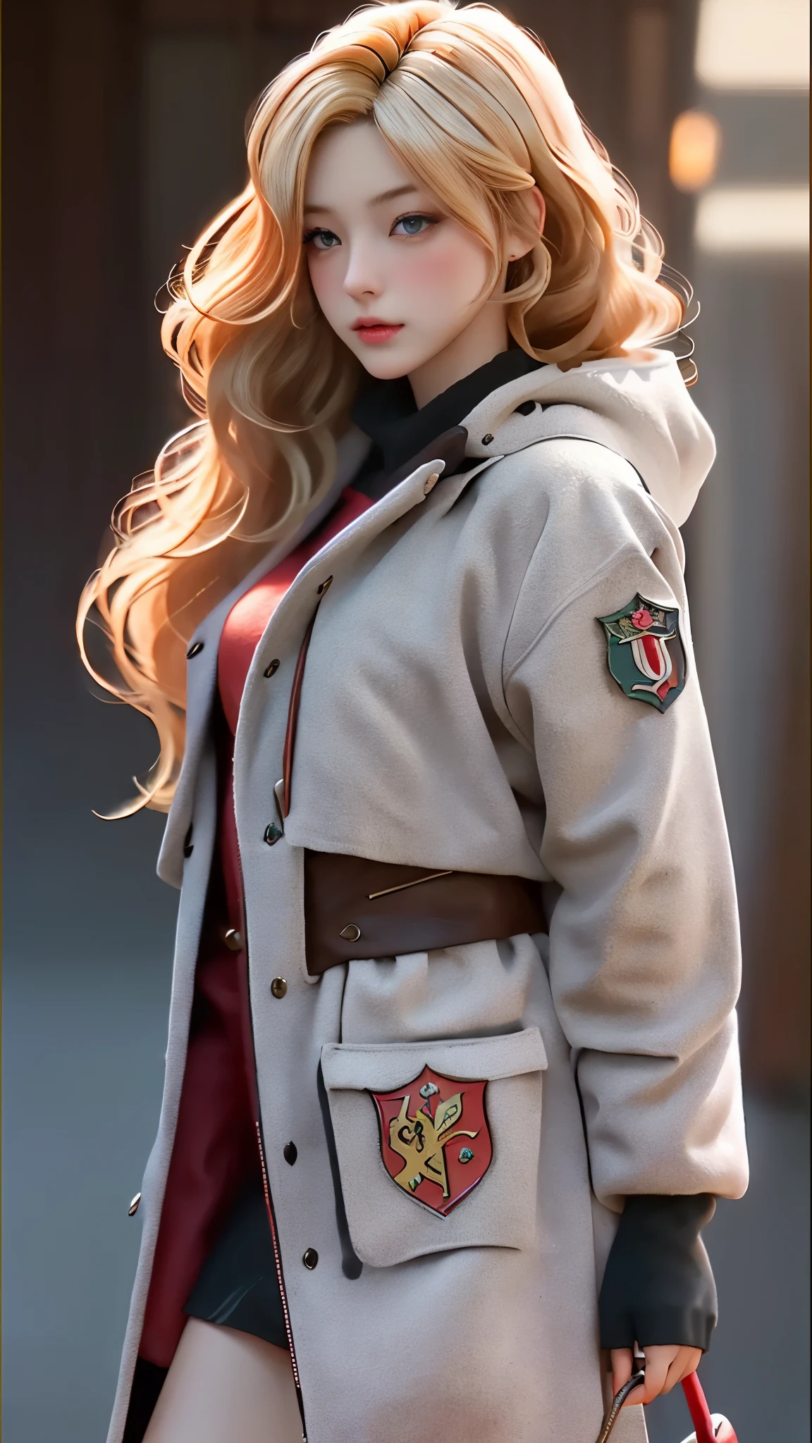 Realistic Red Sotheby Girl Photo,35 year old beautiful woman,long side waves,delicate blonde hair,cool look,background is gray,Coat of arms of the Principality of Zeon,