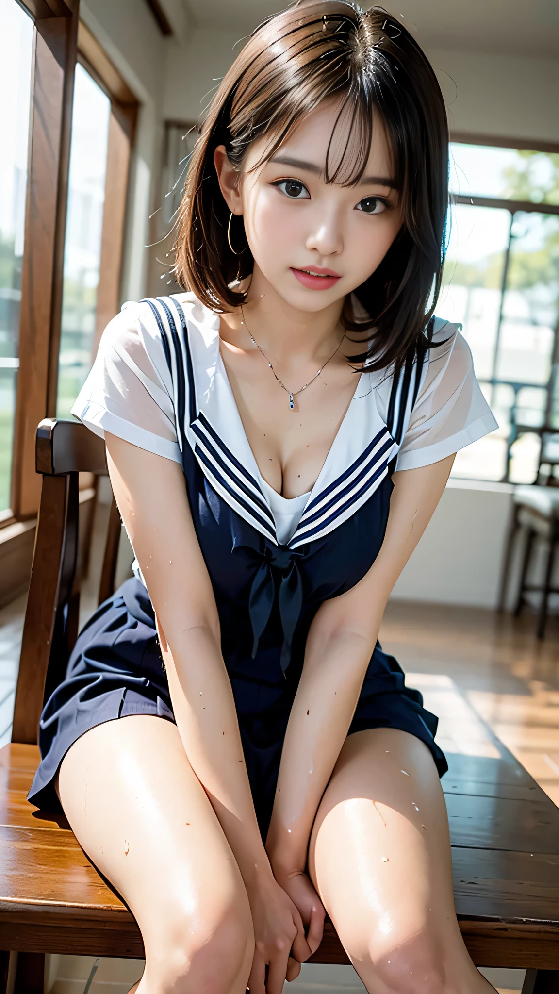 (8K、超High resolution、masterpiece、Anatomically correct、Textured skin、High resolution、Highest quality、High resolution、Professional Lighting、)Gal,Anatomically correct,Beautiful details, Highest quality, (masterpiece:1.4), High resolution, Very detailed, Beautiful details girl, (Realistic:1.4), High resolution RAW color photos, Professional photos, Very detailed eyes and face, Natural light, Facial details, Shiny skin, Cornrow Hairstyles, Tight waist, Small Ass, Large Breasts, Thin legs,(Pink Lips, Dark Blush,),(Earrings),(Uniform with tie and navy blue skirt:1.2),(Please raise your knees:1.5),(White panties:1.4)Beautiful Face、Wear a sailor uniform、Gal、Tanned brown skin、A beautiful girl with an air of innocence、One girl、Dripping Sweat、Sweat a lot、White panties、Panties are wet、