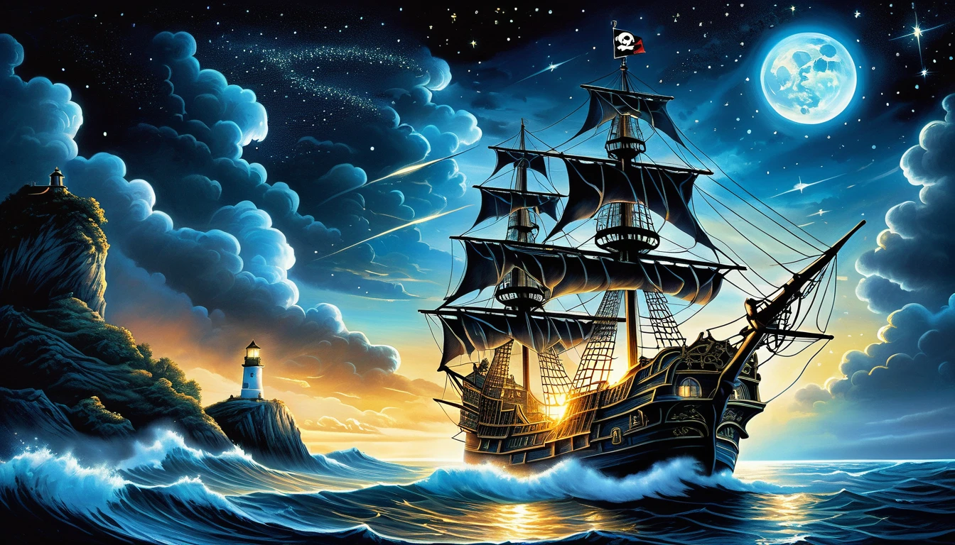 Elaborate cross illustration, raised sea and fine details, intricate details if 1 lighthouse, 1 seasoned and fearless slim pirate upper body, superb detailed pirate ship, shooting star, high quality, best quality, distinctive contrast, conscientious of drawing and design painting, beautiful details glow, 16k, precision like drawing, careful painting, wide shot, night fantasy style, captured, breathtaking glow skill and precision contrast, high quality oil painting, precise details