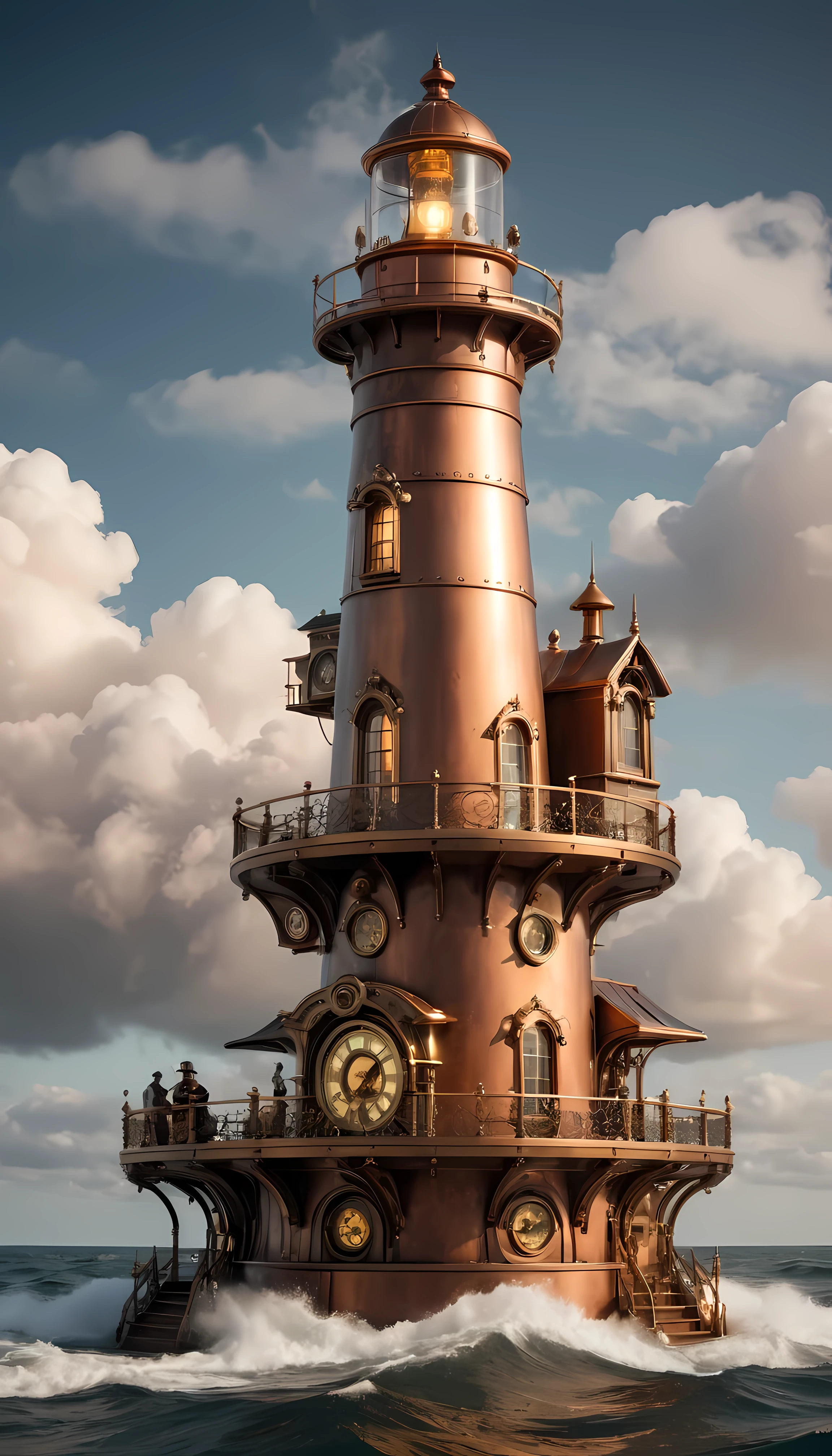 Masterpiece in maximum 16K resolution, superb quality, a steampunk lighthouse featuring a towering structure with brass and copper elements, intricate clockwork mechanisms, warm glowing light, billowing steam clouds, nautical touches, and a weathered look, rich metallic color palette, fine linework and embellishments, retro-futuristic design. | ((More_Detail))