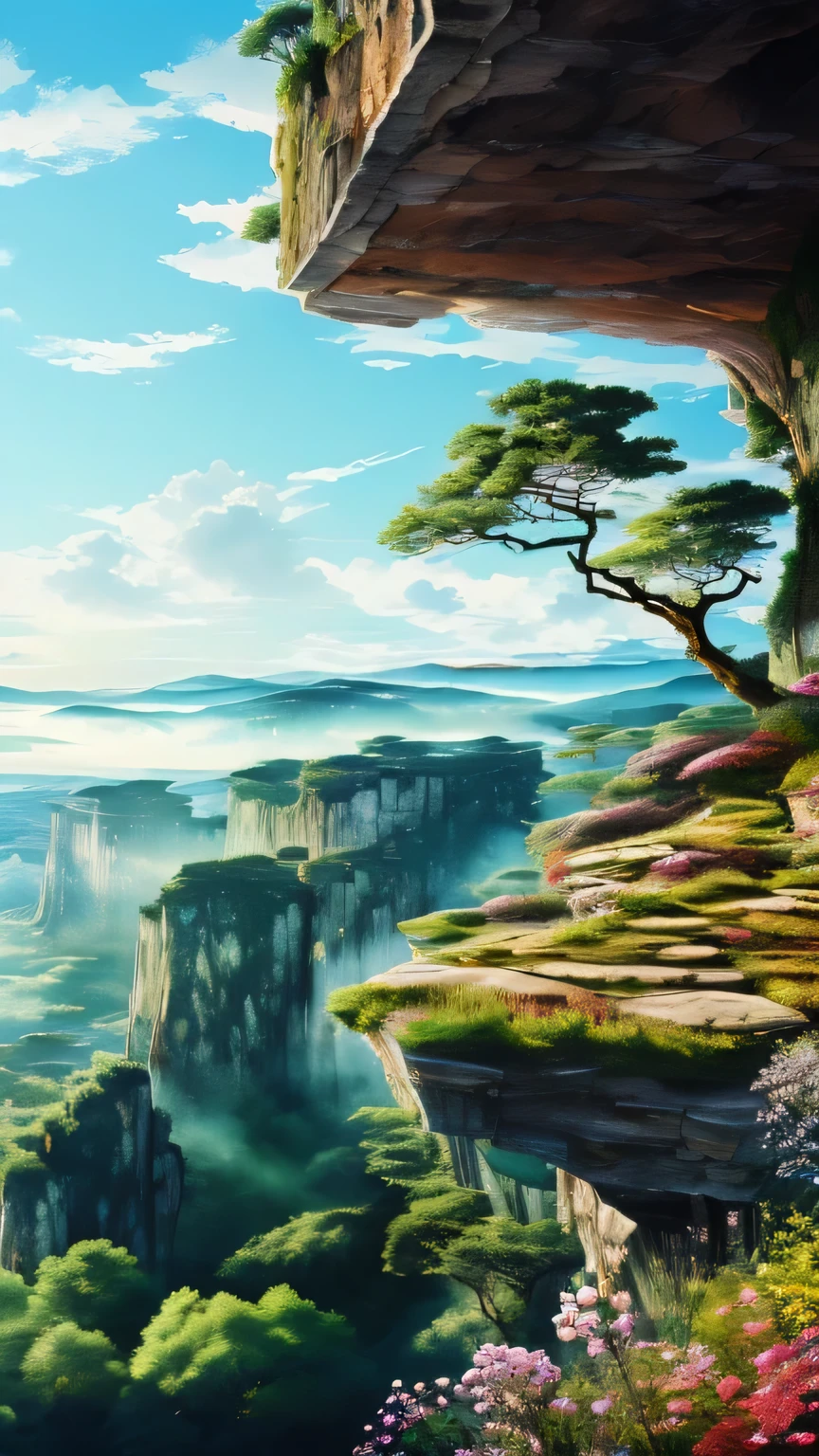 This image showcases a breathtaking anime-inspired masterpiece, depicting an awe-inspiring large tree with an enchanting twist, perched majestically atop a precipitous cliff. The cliff's composition reveals intricate layers of geological rock formations, evoking a sense of timelessness. Adorned with lush greenery, it seamlessly blends with the verdant surroundings. Below the cliff, a tranquil body of water harmoniously meets the majestic mountains in the distance, creating a picturesque vista. The sky above is a canvas of clarity, adorned with a scattering of ethereal clouds. With an astounding 8k resolution, every minute detail of this artwork is meticulously captured, allowing viewers to immerse themselves in its mesmerizing intricacies. A true masterpiece, this illustration exempl