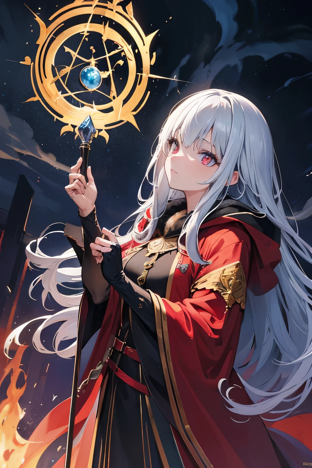 (best quality,4k,8k,highres,masterpiece:1.2),ultra-detailed,(realistic,photorealistic,photo-realistic:1.37),a wizard using blindfold on her eye with red robe,illustration,velvet texture,sparkling stars,magical staff,bright glowing eyes,sorcery,ancient spellbook,dark enchanted forest,mysterious shadows,candlelight,silver moonlight,dazzling aura,mystical atmosphere,ornate golden patterns,hooded cloak,hauntingly beautiful face,golden trims,colorful shimmering spells,whispering incantations,flames dancing,portraits,imposing presence,colorful aura,casts powerful spells,otherworldly magic,transcendent power,mythical creature,mesmerizing landscape,fantasy world,majestic castle,impressive architecture,mystic energy,powerful wizardry,vivid colors,enigmatic gaze,moonlit night,stormy skies,sorceress,illustrated masterpiece,commanding magic,master of the elements,curious expressions,hidden secrets,ominous clouds,transformation magic,ancient knowledge,captivating painting,ethereal beauty,enchanted beings,glowing runes,profound wisdom,glimmering stars.
