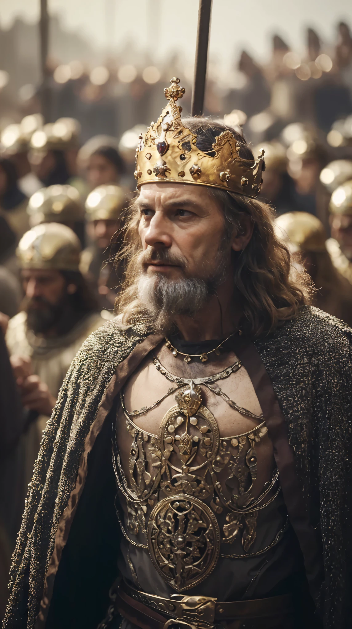 man in a crown and a crown on his head, medieval old king, great king of stovokor, king richard the lionheart, portrait of a medieval old king, portrait of medieval old king, man with a crown, biblical epic movie, by Roman Bezpalkiv, many crowns!! upon his head