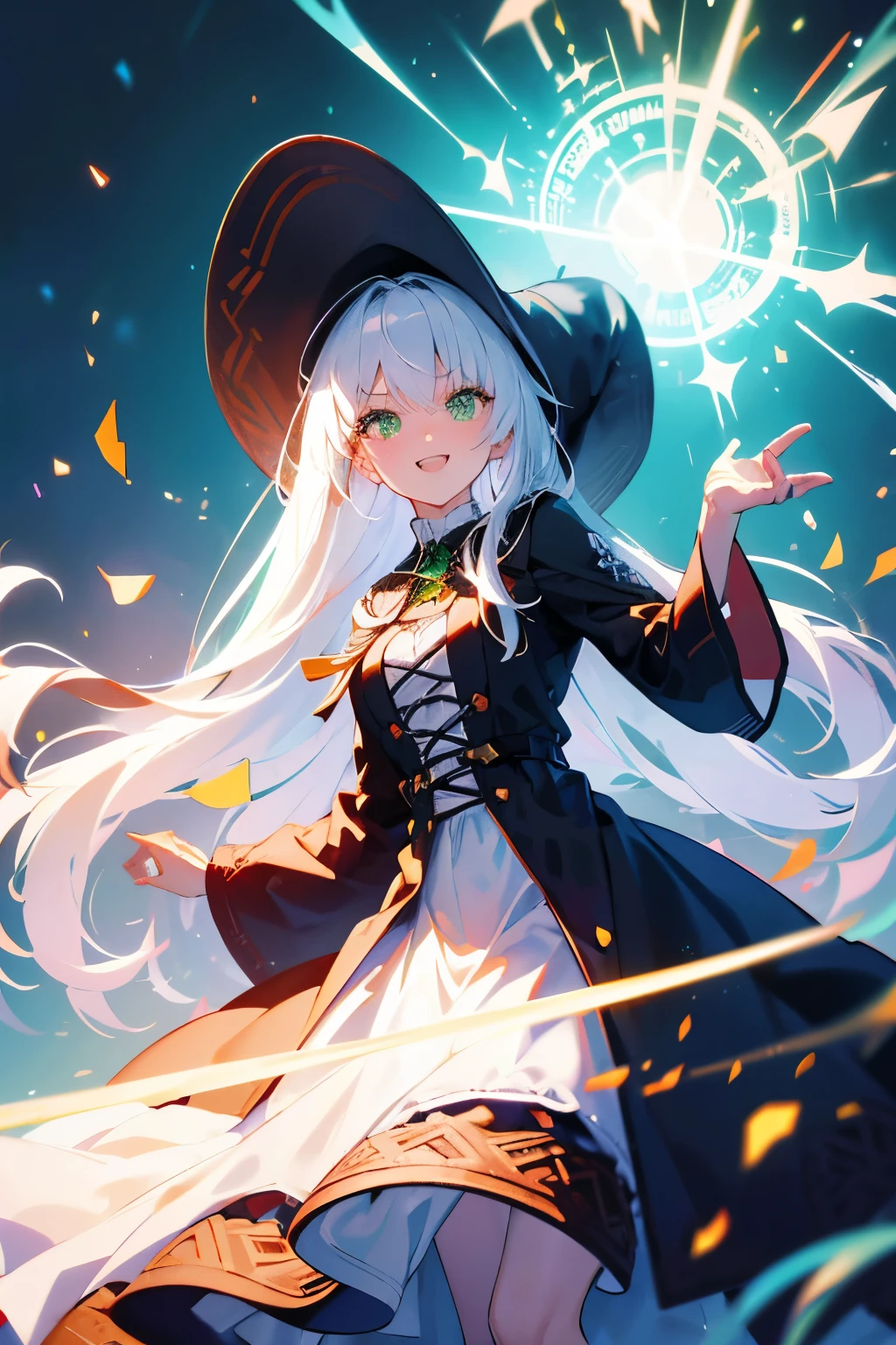 (ultra-detailed, perfect pixel, highres, best quality, beautiful eyes finely detailed), female, witch, full of magic aura, smirk facial expression, sharp green eye color (glowing green eyes), white hair, long hair, black middle age outfit, witch point hat, elegant, the background is full of magical particles. lens flare, glowing light, reflection light, motion blur, 8k, super detail, accurate, best quality, Ray tracing.