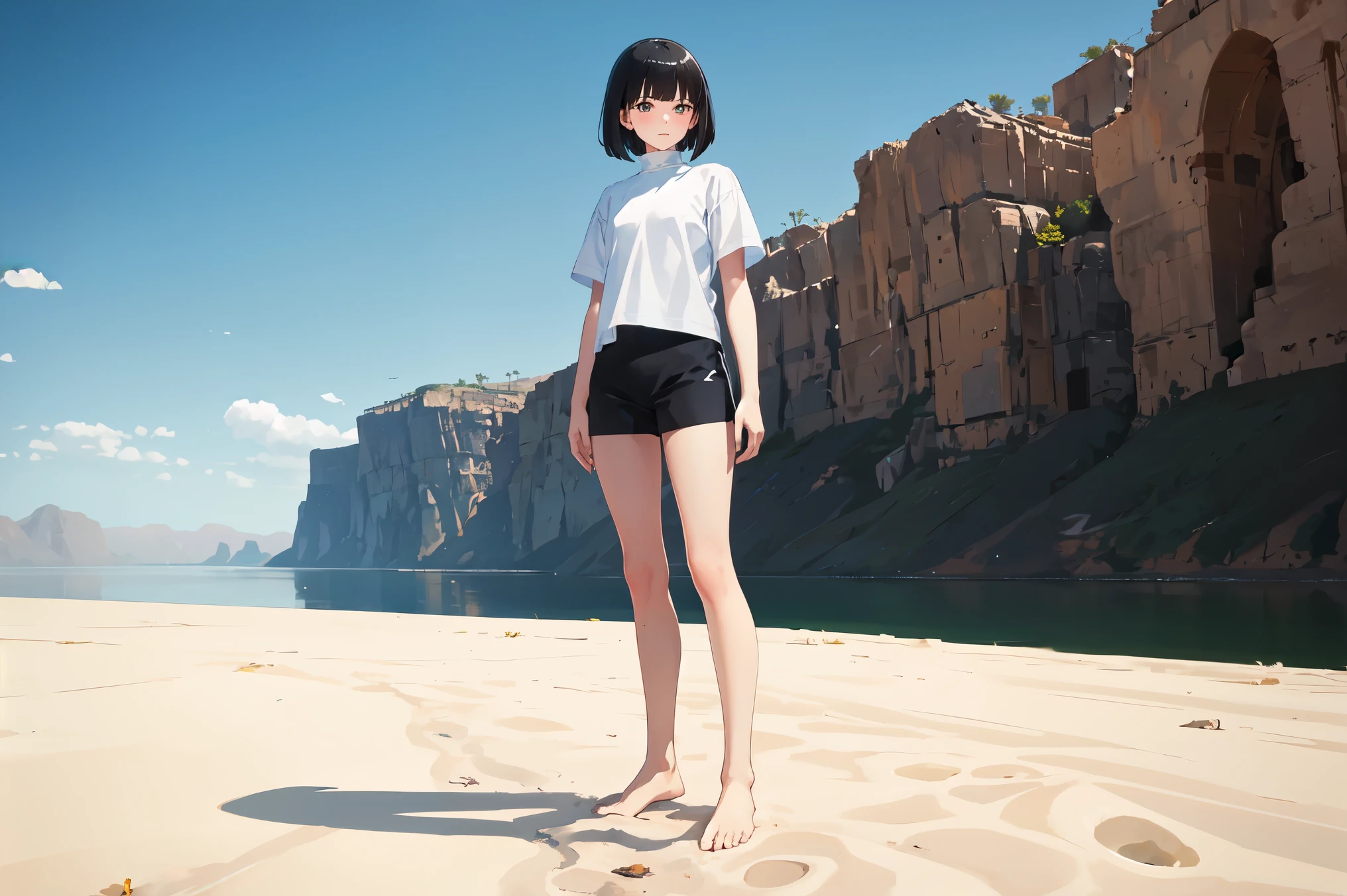 1girl, solo, slim, black hair, bob cut, bangs, white shirt, short sleeves, turtleneck, black sweat shorts, bare feet, standing, desert, [lake:9], front view, vibrant colors