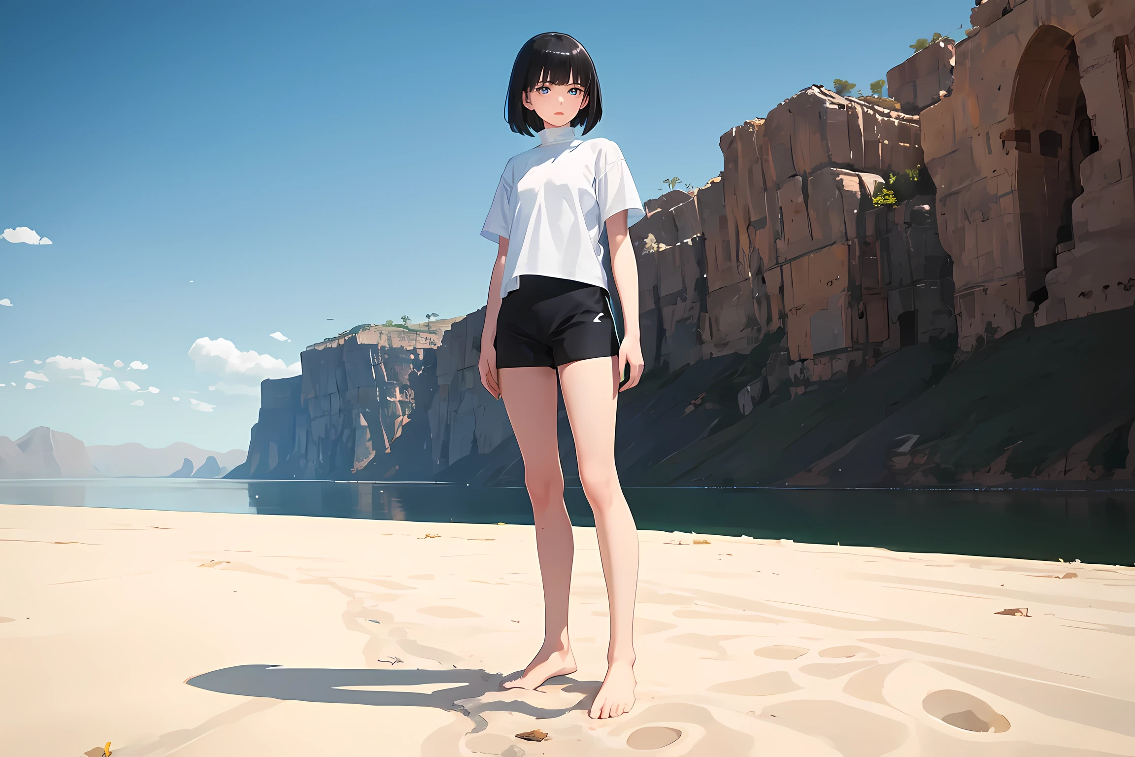 1girl, solo, slim, black hair, bob cut, bangs, white shirt, short sleeves, turtleneck, black sweat shorts, bare feet, standing, desert, [lake:9], front view, vibrant colors