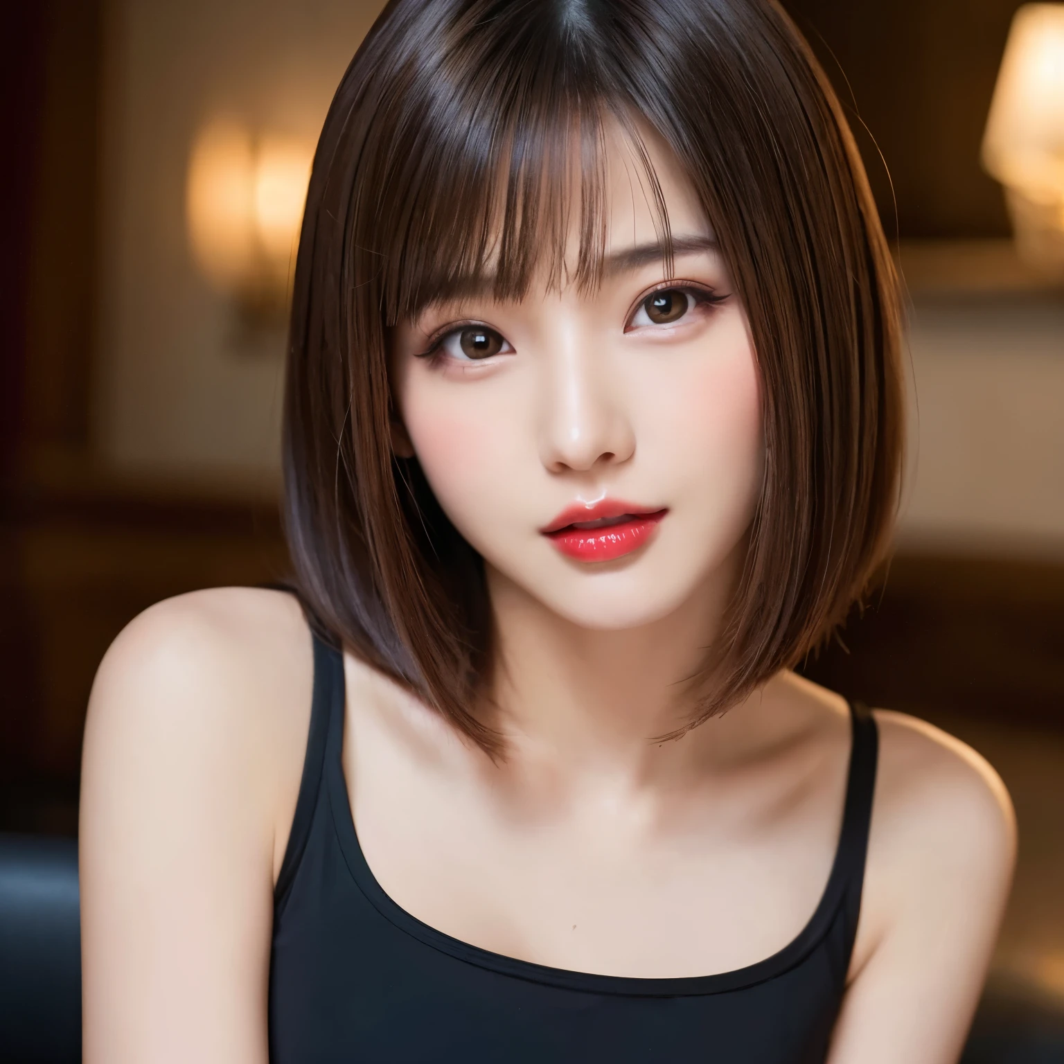 ((close-up photo of face:1.4))、(highest quality、table top、8k、best image quality、Award-winning work)、(one young girl, 14 years old:1.3)、(perfect tank top:1.2)、(red eyeshadow:1.2)、perfect makeup、long eyelashes、Super high-definition sparkling eyes、ultra high definition hair、ultra high resolution glossy lips、Super high resolution perfect teeth、Super high resolution cute face、brown hair、(very short straight hair:1.1)、look at me and smile、[clavicle]、accurate anatomy、(close up of face:1.5)、Luxury love hotel、(The most moody warm lighting:1.2)、black background、With bangs、Super high-resolution glossy and moisturized face、Super high-resolution glowing skin、most detailed face、Ultra high resolution detailed faces、ultra high resolution hair、Super high resolution sparkling eyes、Beautiful face drawn in every detail、Super high resolution glossy red lips