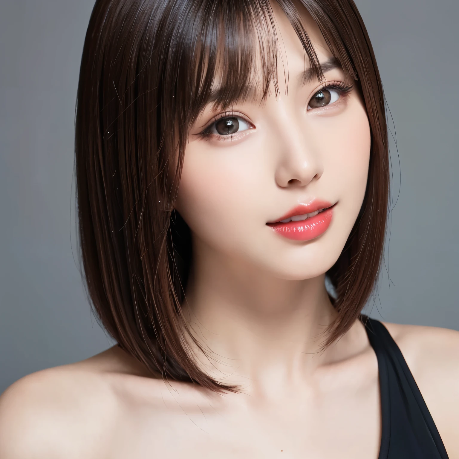 ((close-up photo of face:1.4))、(highest quality、table top、8k、best image quality、Award-winning work)、(one young girl, 14 years old:1.3)、(perfect tank top:1.2)、(red eyeshadow:1.2)、perfect makeup、long eyelashes、Super high-definition sparkling eyes、ultra high definition hair、ultra high resolution glossy lips、Super high resolution perfect teeth、Super high resolution cute face、brown hair、(very short straight hair:1.1)、look at me and smile、[clavicle]、accurate anatomy、(close up of face:1.5)、Luxury love hotel、(The most moody warm lighting:1.2)、black background、With bangs、Super high-resolution glossy and moisturized face、Super high-resolution glowing skin、most detailed face、Ultra high resolution detailed faces、ultra high resolution hair、Super high resolution sparkling eyes、Beautiful face drawn in every detail、Super high resolution glossy red lips