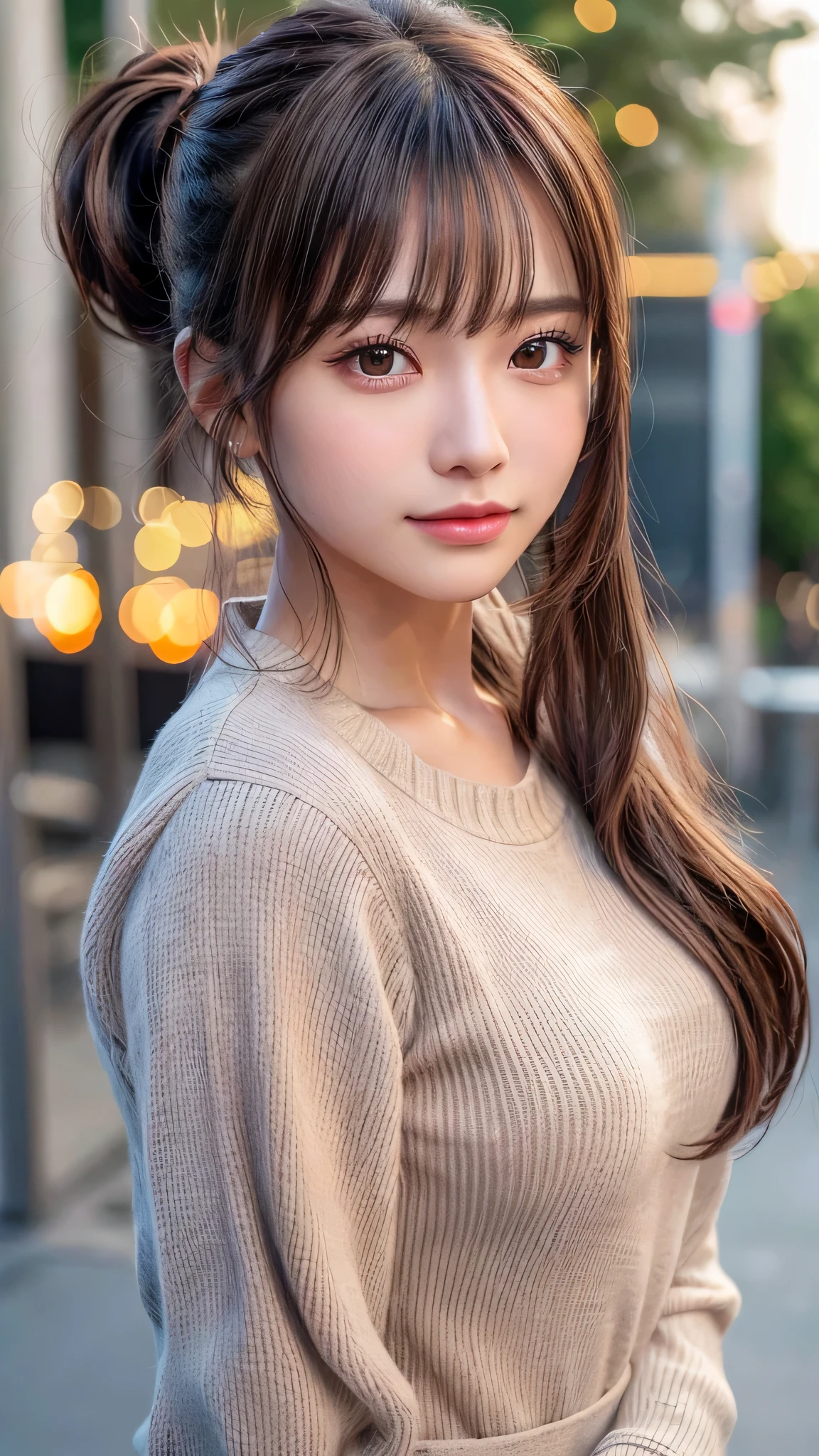 blush,14 years old,small breasts,winter,european cityscape,night,long hair ponytail,outdoors,wearing a plaid long-sleeved shirt,wearing jeans,close up of face,((8k, RAW photo, highest quality, pieces fly:1.2), (reality, realistic:1.4), (Highly detailed 8k wallpaper), written boundary depth, cinematic lighting, soft light, Details beauty eye,Shiny and smooth light brown ponytail, asymmetrical bangs, shiny skin, super dense skin ,High resolution, high detail, detailed hairstyle, detailed beauty face, hyper real, perfect limbs, perfect anatomy ,1 Japanese girl,famous japanese idol, perfect female body,shy smile,short eyelashes,double eyelid,look straight here,Hair style is ponytail,