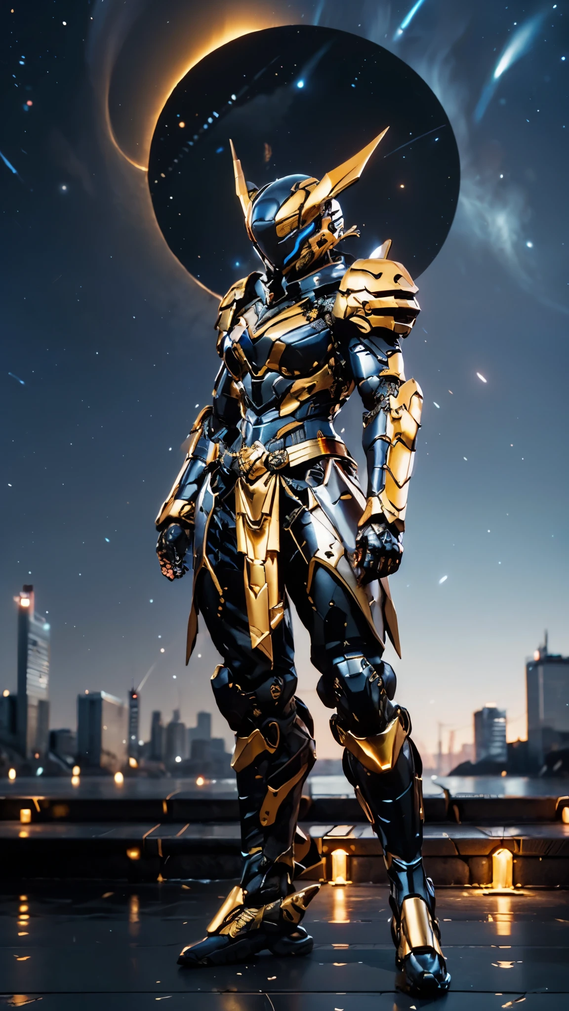 A woman adorned in fantasy-style full-body armor, a crown-concept fully enclosed helmet that unveils only her eyes, a composite layered chest plate, fully encompassing shoulder and hand guards, a lightweight waist armor, form-fitting shin guards, the overall design is heavy-duty yet flexible, ((the armor gleams with a golden glow, complemented by red and blue accents)), exhibiting a noble aura, she floats above a fantasy-surreal high-tech city, this character embodies a finely crafted fantasy-surreal style armored hero in anime style, exquisite and mature manga art style, (Queen bee mixed with Spider concept Armor, photorealistic:1.2, real texture material:1.2), ((night sky, city night view, elegant, goddess, femminine:1.5)), Unreal Engine 5, metallic, high definition, best quality, highres, ultra-detailed, ultra-fine painting, extremely delicate, professional, anatomically correct, symmetrical face, extremely detailed eyes and face, high quality eyes, creativity, RAW photo, UHD, 32k, Natural light, cinematic lighting, masterpiece-anatomy-perfect, masterpiece:1.5
