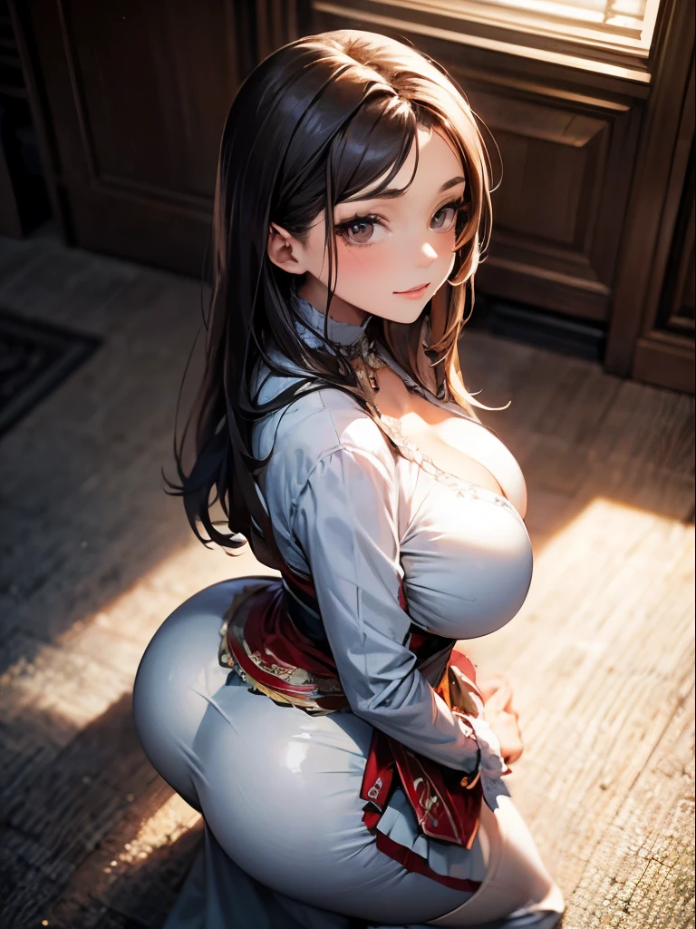 frontal view, very beautiful woman facing the viewer, traditional, photo realistic style, traditional roman outfit, white huge , waist thin, huge ass,adog expression is the focus, a view from above and the side,