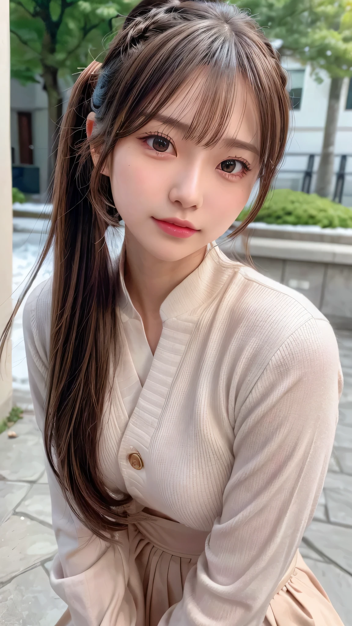 blush,,small breasts,winter,european cityscape,long hair ponytail,winterの服装,outdoors,brown coat with collar,long skirt,close up of face,((8k, RAW photo, highest quality, pieces fly:1.2), (reality, realistic:1.4), (Highly detailed 8k wallpaper), written boundary depth, cinematic lighting, soft light, Details beauty eye,Shiny and smooth light brown ponytail, asymmetrical bangs, shiny skin, super dense skin ,High resolution, high detail, detailed hairstyle, detailed beauty face, hyper real, perfect limbs, perfect anatomy ,1 Japanese girl,famous japanese idol, perfect female body,shy smile,short eyelashes,double eyelid,look straight here,Hair style is ponytail,