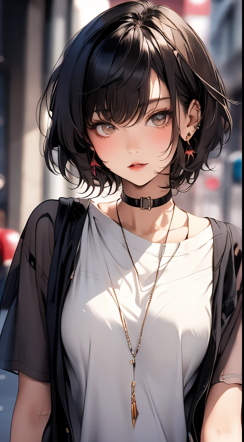 masterpiece, highest quality, pixiv, cool girl, lots of earrings, earrings, dark brown hair, (short hair:1.4), dull bangs, straight bangs, gray eyes, white skin, gal, Improve, (medium breasts)