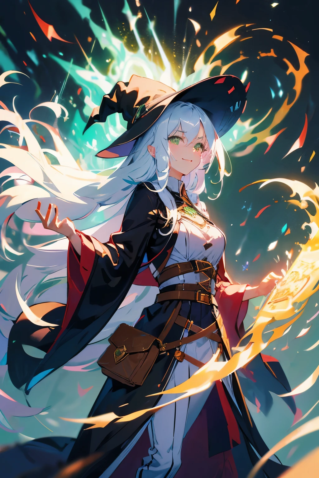 (ultra-detailed, perfect pixel, highres, best quality, beautiful eyes finely detailed), female, witch, full of magic aura, smirk facial expression, sharp green eye color (glowing green eyes), white hair, long hair, black middle age outfit, witch point hat, elegant, the background is full of magical particles. lens flare, glowing light, reflection light, motion blur, 8k, super detail, accurate, best quality, Ray tracing.