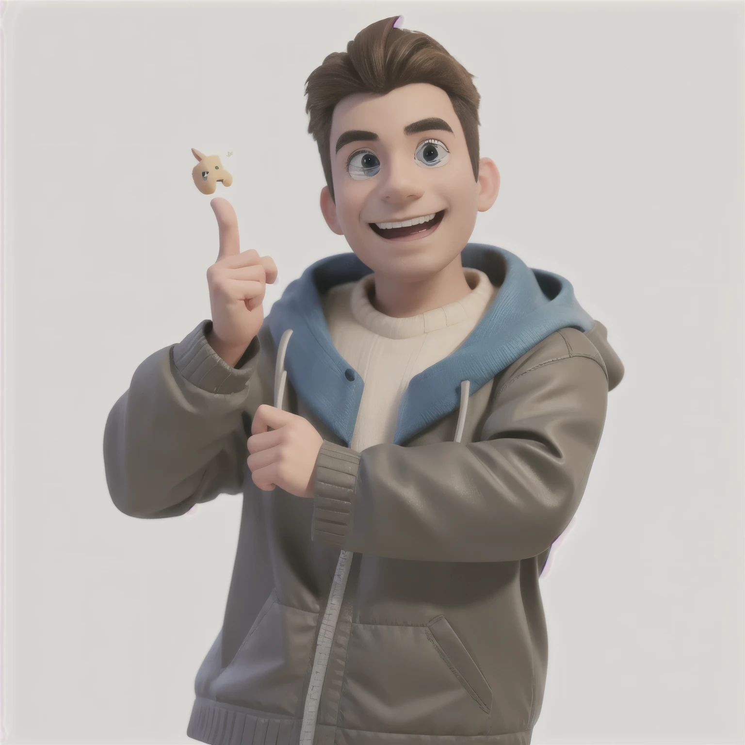 3d character, game character, 3dcg, pixar style, smiling man in blue sweater pointing at something with his finger, 3d art