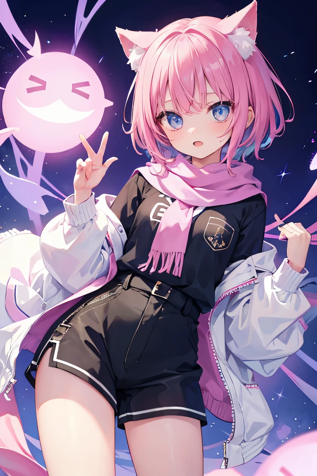 Very beautiful and shining eyes、shining eyes、1 girl、small breasts、big mouth、high school girl、small breasts、Cat ear、Transparent pink short hair、scarf、hot pants、transparent clothes、childish clothes