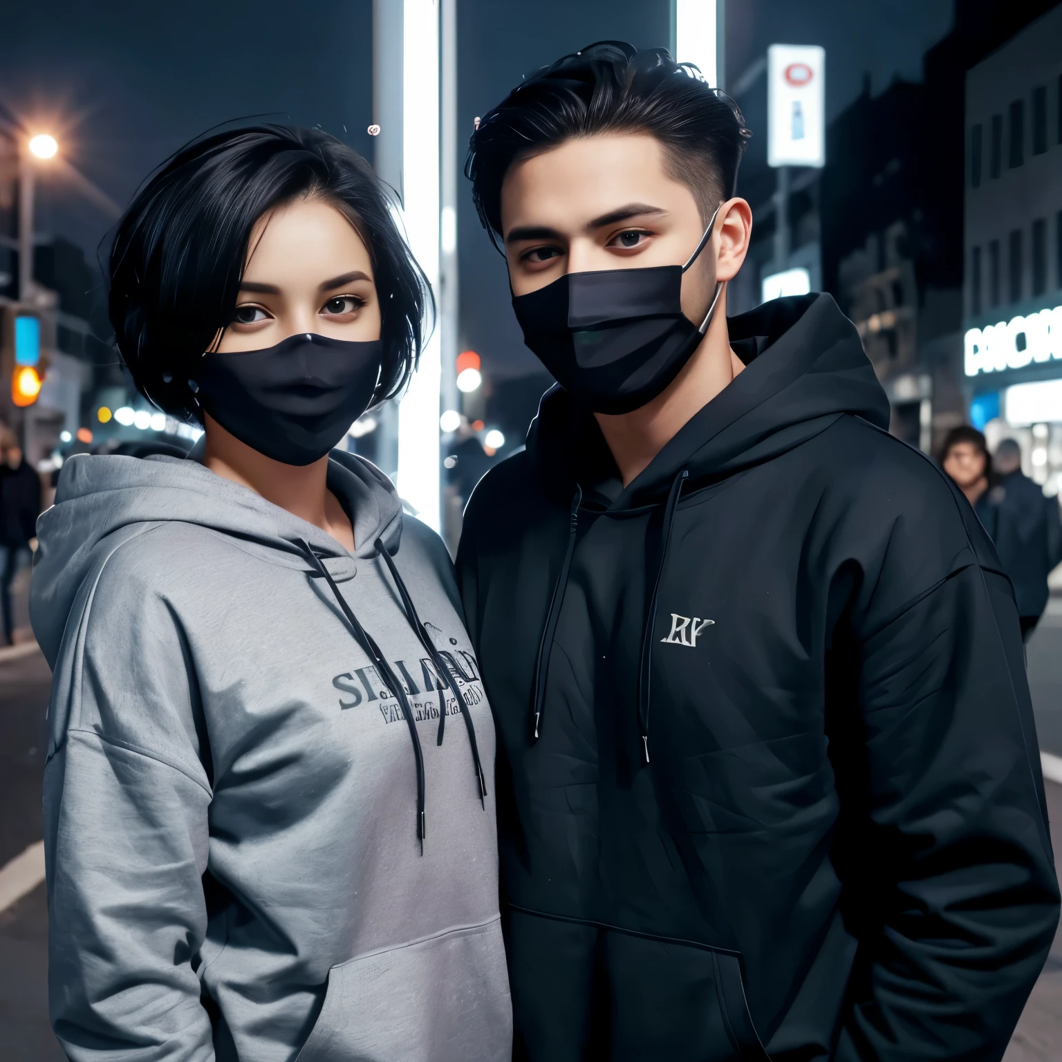 2 people, young woman and young man, best quality, masterpiece, ultra high res, (photorealistic:1.37), raw photo, 1girl, shorr hair, beautifull eyes, beautifull face, detailed eyes and face, t-shirt, dynamic lighting, in the dark, deep shadow, low key, cowboy shot, smile, black hair, black mask, curly hair