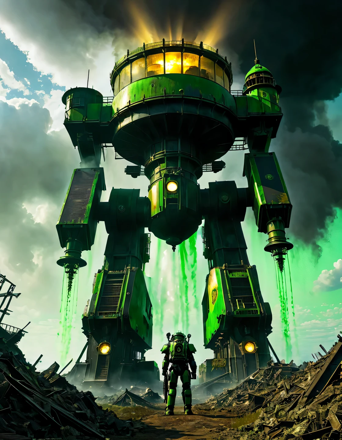 (A huge beacon of hope dispels the darkness:1.5) apocalypse, Post-apocalyptic world with ruins of cities and dumps of destroyed robots, cyborgs and mechs., the sky is filled with black smoke and acid-green acid rain, среди ржавых останков cyborgs and mechs, bright green acidic puddles emit foul smoke, Among the devastation and chaos in the distance stands a huge fortified and well-defended lighthouse, (lighthouse:1.305 dispels the darkness) with his bright (golden rays of light:1.4055), (tracking rays of golden light:1.505), (the lighthouse is shown in detail), high texture smoothing, high resolution objects, 32K, hyper detail, Surreal sci-fi style, DAZ 3D, Realistic brush strokes, unreal engine 5, Ultra-realistic rendering of details, Stunningly realistic graphics, Very detailed photo