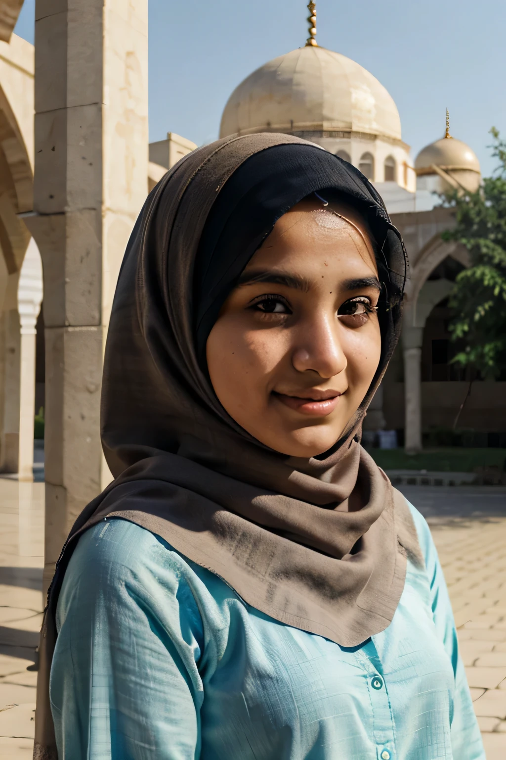 Pious pakistani muslim girl, wearing hijab, , portrait, cute, innocent, realistic, mosque background, sunny day, smiling