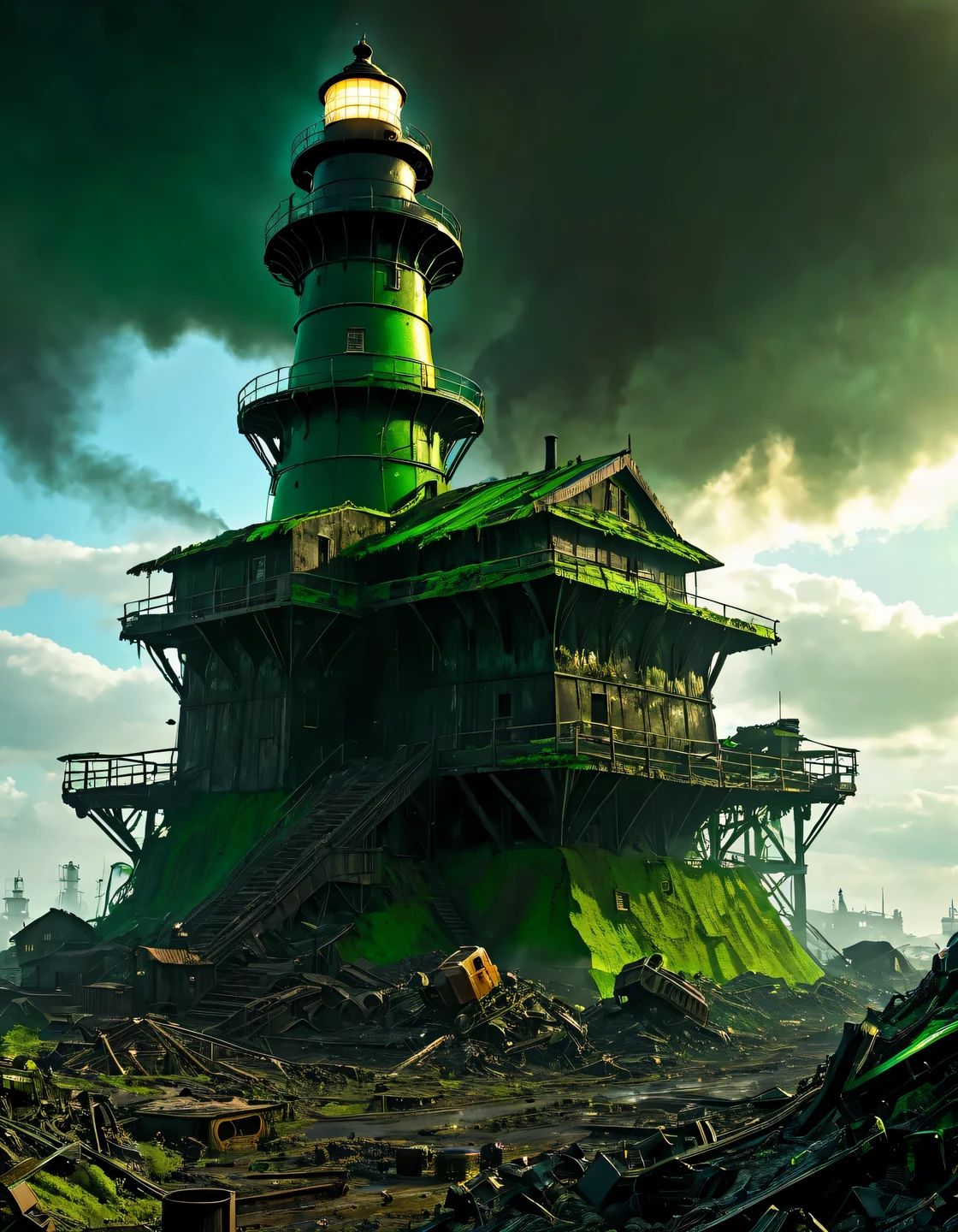 (A huge beacon of hope dispels the darkness:1.5) apocalypse, Post-apocalyptic world with ruins of cities and dumps of destroyed robots, cyborgs and mechs., the sky is filled with black smoke and acid-green acid rain, среди ржавых останков cyborgs and mechs, bright green acidic puddles emit foul smoke, Among the devastation and chaos in the distance stands a huge fortified and well-defended lighthouse, (lighthouse:1.305 dispels the darkness) with his bright (golden rays of light:1.4055), (tracking rays of golden light:1.505), (the lighthouse is shown in detail), high texture smoothing, high resolution objects, 32K, hyper detail, Surreal sci-fi style, DAZ 3D, Realistic brush strokes, unreal engine 5, Ultra-realistic rendering of details, Stunningly realistic graphics, Very detailed photo