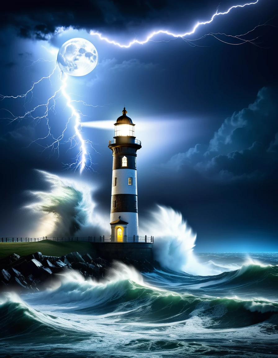 A solitary lighthouse steampunk battling the storm, the light of the full moon illuminating the tumultuous waves, the mystical mist adding an atmosphere of mystery and danger, while lightning rends the night sky, reflective water, ultrahigh definition, 3D depth, inspired by Leonardo da Vinci, Rembrandt, J.M.W. Turne