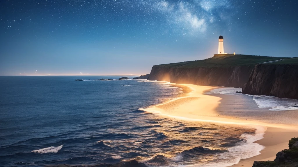 (best quality,ultra-detailed,realistic:1.37),lighthouse on the cliff,moonlight,light fog,hazy,coastline,solitary,tranquility,serene,ocean breeze,glimmering stars,distant waves,rocky terrain,mysterious shadows,silhouettes,dreamlike,ethereal,unfathomable,isolated,undeveloped,remote,secluded,secrets of the night,calmness,pure solitude,boundless horizon,whispering winds,deep blue skies,gentle sea,enchanted atmosphere,peaceful reflection,luminous glow,enchanted night,picturesque view,serenity over the water,vague outlines,sepia tones,soothing ambiance