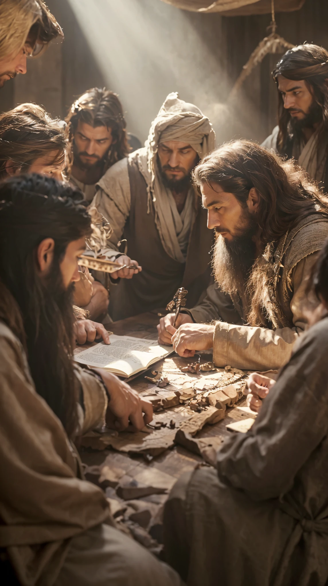 group of men sitting around a table, bible illustration, official art, fim still, still from a live action movie, still from the movie, film still dnd, robed figures sat around a table, by Joseph Severn, by Bernard Meninsky, masterpiece work, 4 k post, 4k post, the lord and savior, well edited