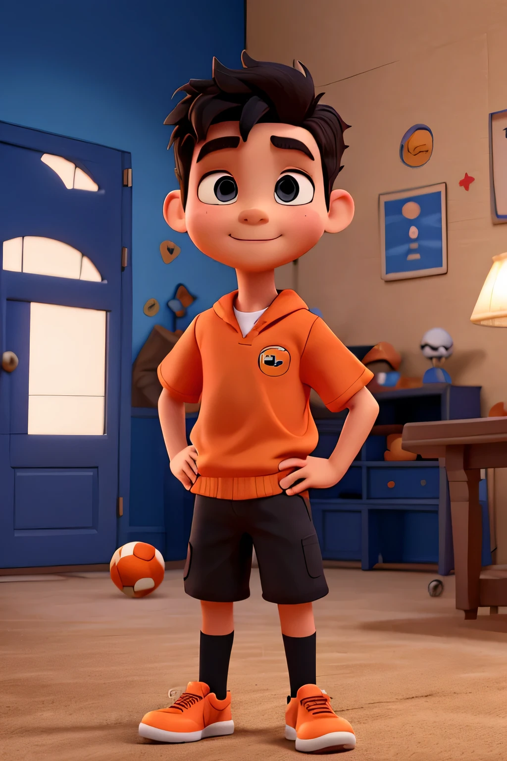 Um estilo Disney Pixar 3D , usando chuteiras de futebol, uniforme laranja e short preto, um menino de 8 a 13 anos, looking at the camera, um ambiente de felicidade, Muito detalhado, conveying confidence and a change in life,