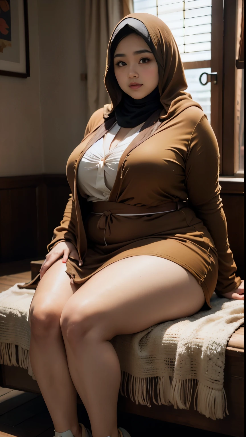 there is a woman sitting down with a longest brown hair, bbwchan, thicc, brown hijab outfit, brown hairstyle model, korean girl, korean woman, wearing brown robe, full length shot, alluring plus sized model, japanese goddess, clothed in hooded, voluptuous and arousing, portrait shot, curvy model, voluptuous body, wonderful, nene tanaka body , bbwchan, The overall atmosphere is smooth , haunting illustrations, extremely high-resolution details, photographic, realism pushed to extreme, fine texture, 4k, ultra-detailed, high quality, high contrast, red sneakers , cold atmosphere ,,