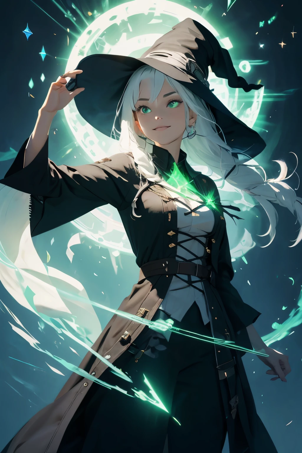 (ultra-detailed, perfect pixel, highres, best quality, beautiful eyes finely detailed), female, witch, full of magic aura, smirk facial expression, sharp green eye color (glowing green eyes), white hair, long hair, black middle age outfit, witch point hat, elegant, the background is full of magical particles. lens flare, glowing light, reflection light, motion blur, 8k, super detail, accurate, best quality, Ray tracing.