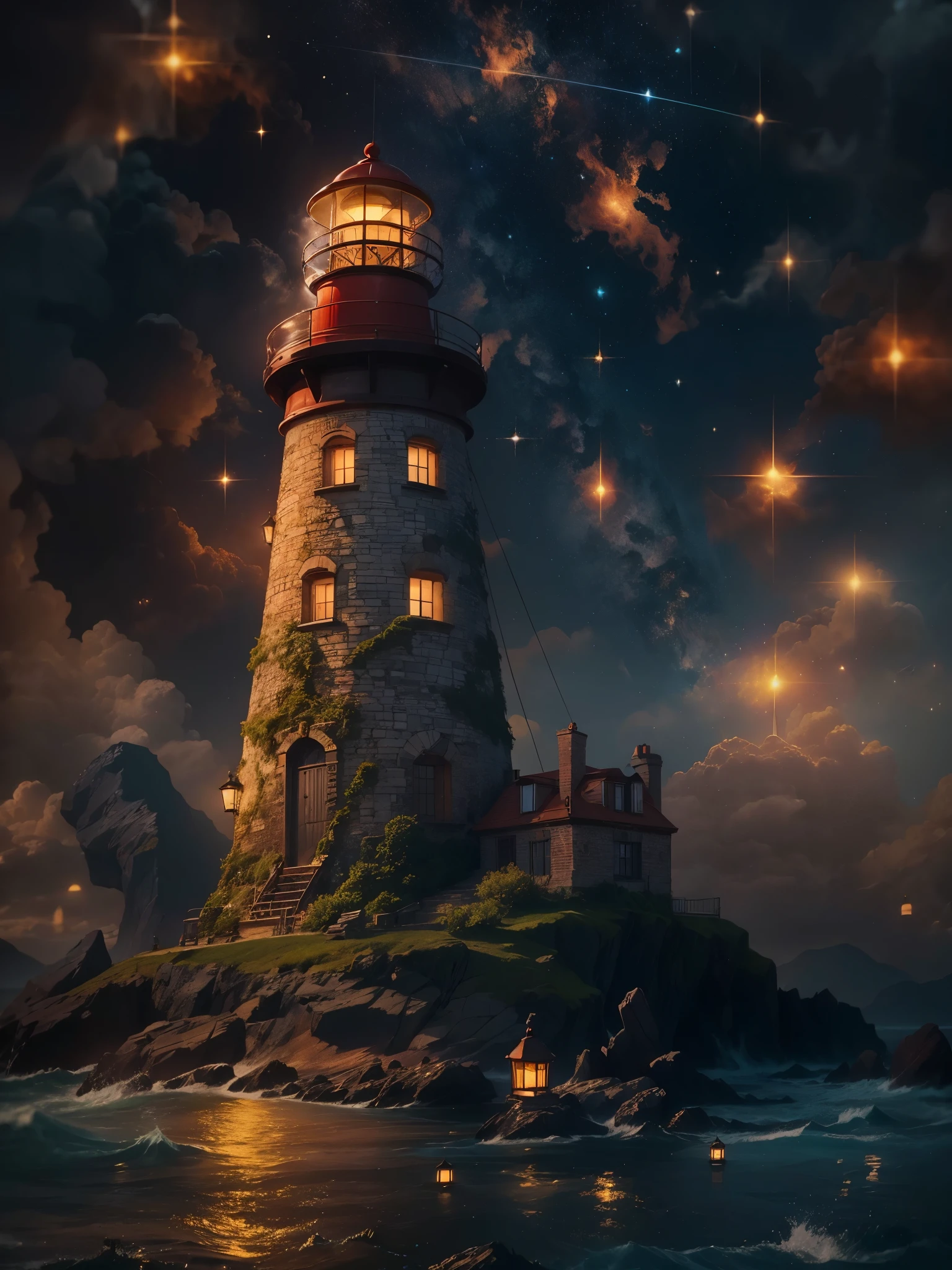 Glittering, ((best quality)) , ((masterpiece)) , ((details)) , surreal, Alluring (lighthouse:1.2) , covered in Fire, Dark ages nature and Cassiopeia constellation in background, Cosy, 8k resolution