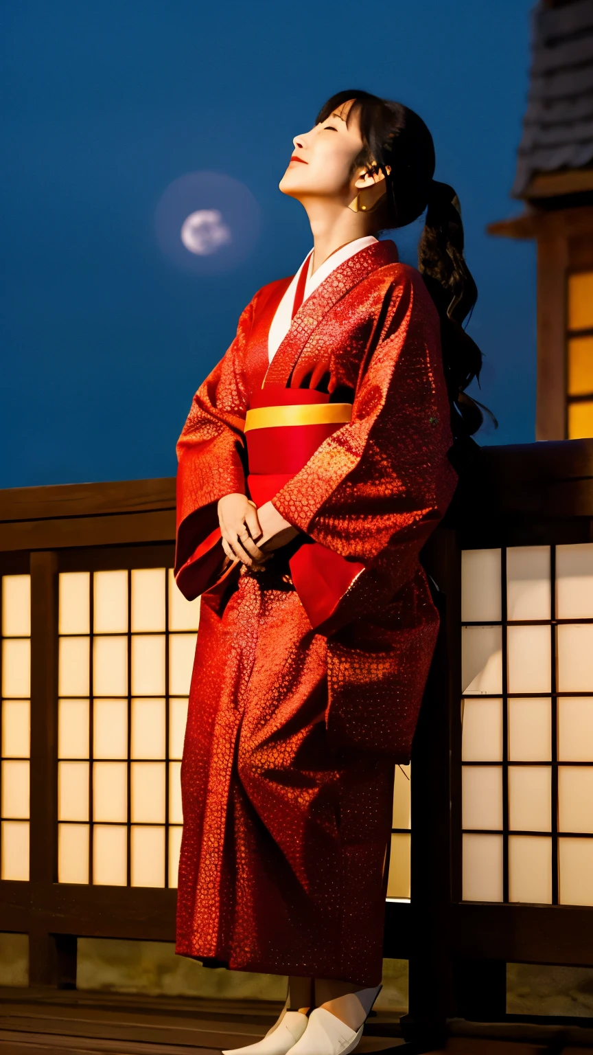 woman,Long black hair,She is wearing a bright red Japanese kimono.,wearing a haori over a kimono,whole body,Are standing,Looking up at the moon,beautiful woman