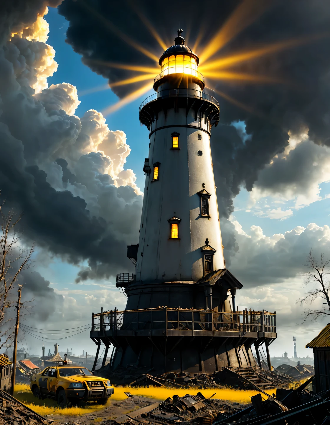 (Огромный lighthouse надежды рассеивает тьму:1.5) apocalypse with its (((powerful bright yellow rays))), Post-apocalyptic world with ruins of cities and dumps of destroyed robots, cyborgs and mechs., the sky is covered with thick dark clouds and black smoke, Among the rusty remains and debris, dirty puddles emit foul smoke, among the devastation and chaos in the distance stands a huge fortified and well- protected lighthouse, (lighthouse:1.305 dispels the darkness) with his bright (golden rays of light:1.4055), (tracking rays of golden light:1.505), (the lighthouse is shown in detail), high texture smoothing, high resolution objects, 32K, hyper detail, Surreal sci-fi style, DAZ 3D, Realistic brush strokes, unreal engine 5, Ultra-realistic rendering of details, Stunningly realistic graphics, Very detailed photo