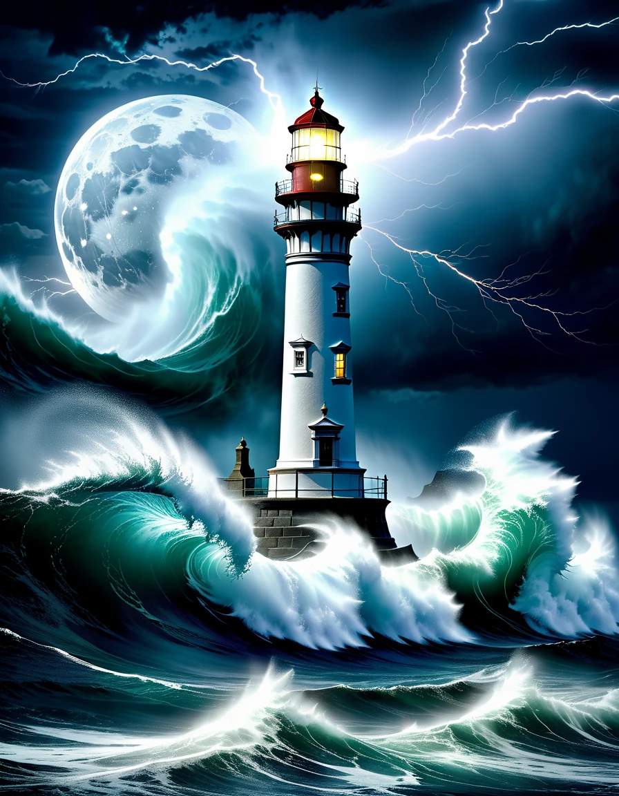 A solitary lighthouse steampunk battling the storm, the light of the full moon illuminating the tumultuous waves, the mystical mist adding an atmosphere of mystery and danger, while lightning rends the night sky, reflective water, ultrahigh definition, 3D depth, inspired by Leonardo da Vinci, Rembrandt, J.M.W. Turne