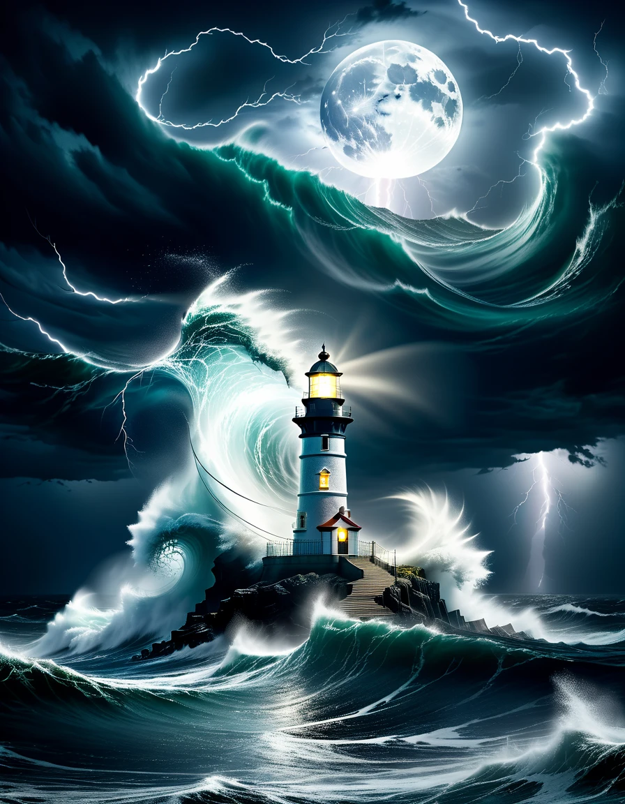 A solitary lighthouse steampunk battling the storm, the light of the full moon illuminating the tumultuous waves, the mystical mist adding an atmosphere of mystery and danger, while lightning rends the night sky, reflective water, ultrahigh definition, 3D depth, inspired by Leonardo da Vinci, Rembrandt, J.M.W. Turne