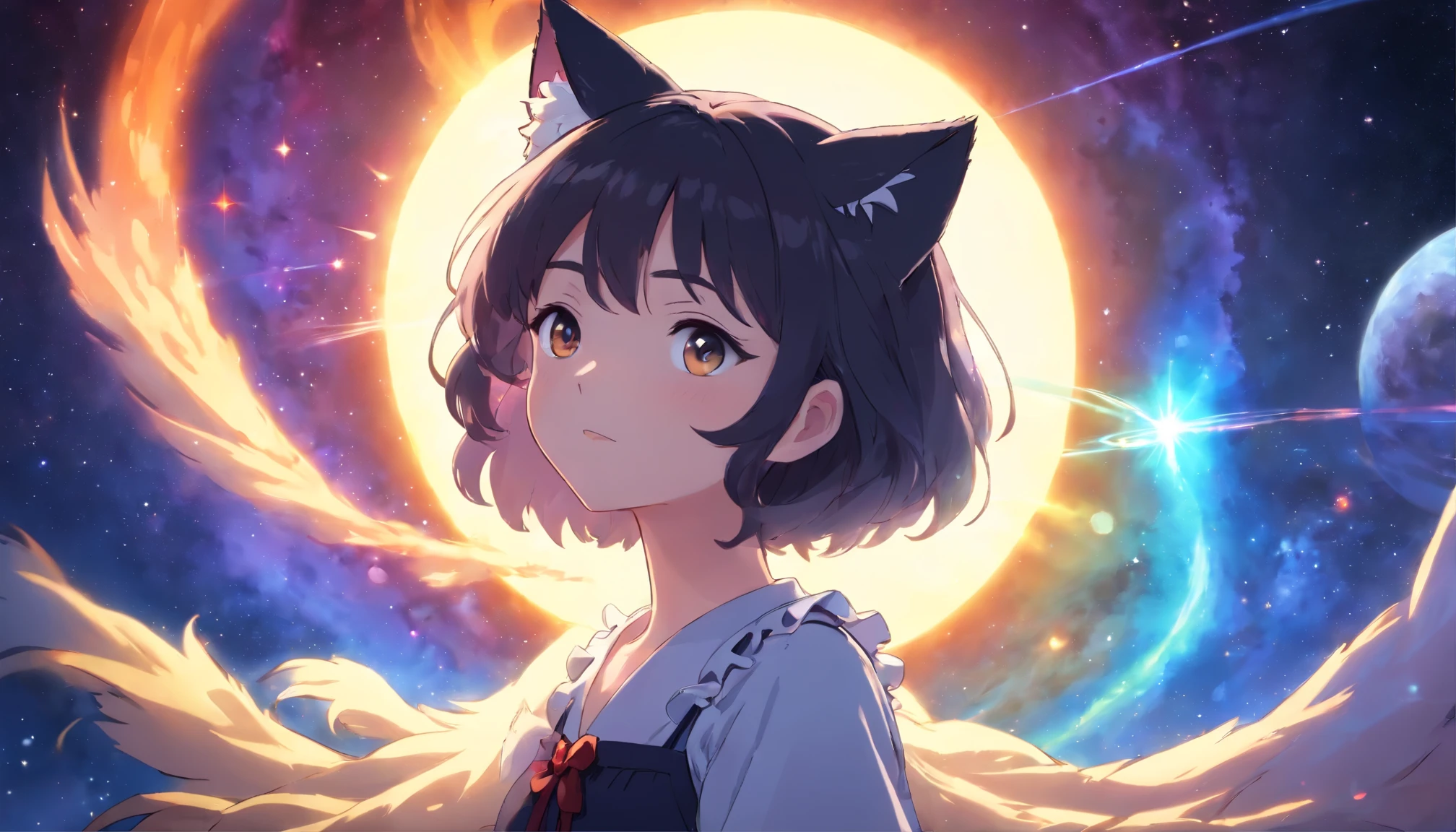 1Girl, Cat Ears, Artwork, Best Quality, Extremely Detailed, Cinematic Lighting, High Resolution, Official Art, Finely Detailed Beautiful Face, High Resolution Illustration, 8K, Intense Dark Shadows, Overexposure, Multicolored Hair, Gradient Hair, Black Hair, White Hair, Medium Hair, Floating Hair, Trunk, ((Dutch Angle)), Universe, Space, Sunshine, Lens Flare, Galaxy, Nebula, Eyes Closed, Black Top, White Ruffle, Colored Background