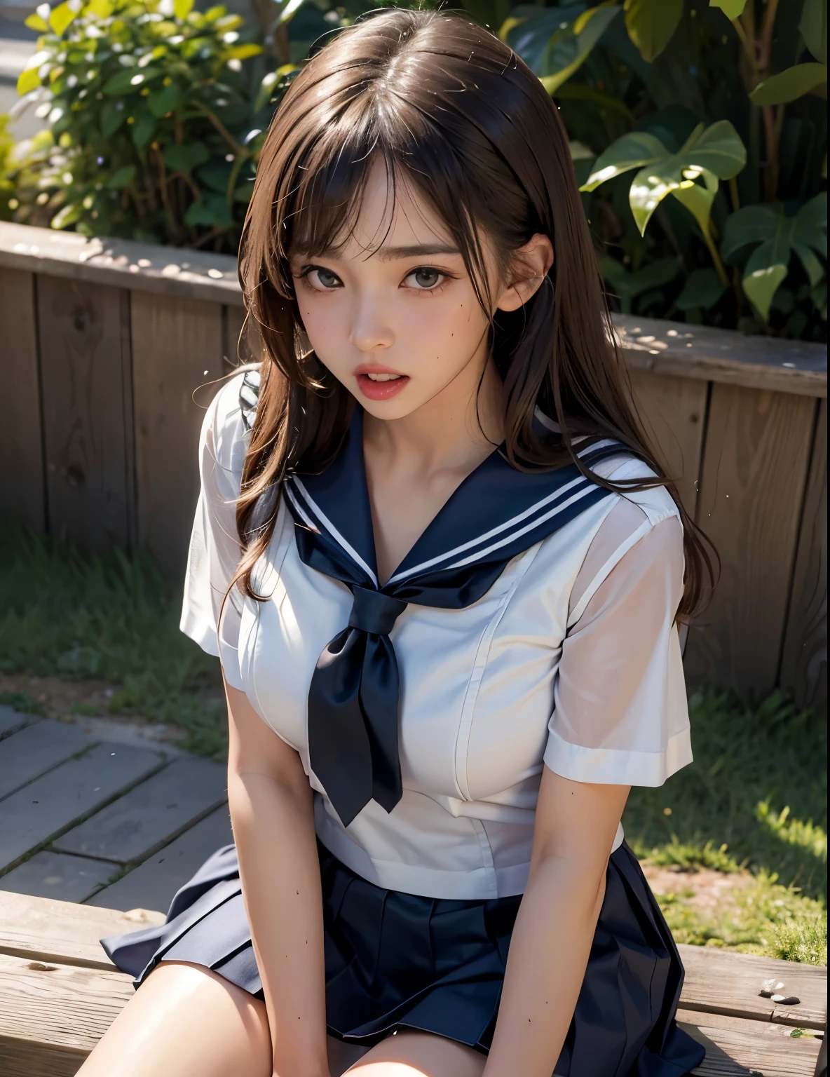 (best quality, masterpiece:1.2), ultra detailed, (photo realistic:1.4), High resolution 16k,Use natural light and color,solo, 1girl, (12-year-old),cute girl, shiny skin,sexy,((see-through sailor uniform)),very short pleated miniskirt,vulgarity, sexual ecstasy, orgasm face,open mouth, ((saliva trail)), (blush), ((Sweat)),sitting,spread legs,arms behind head,