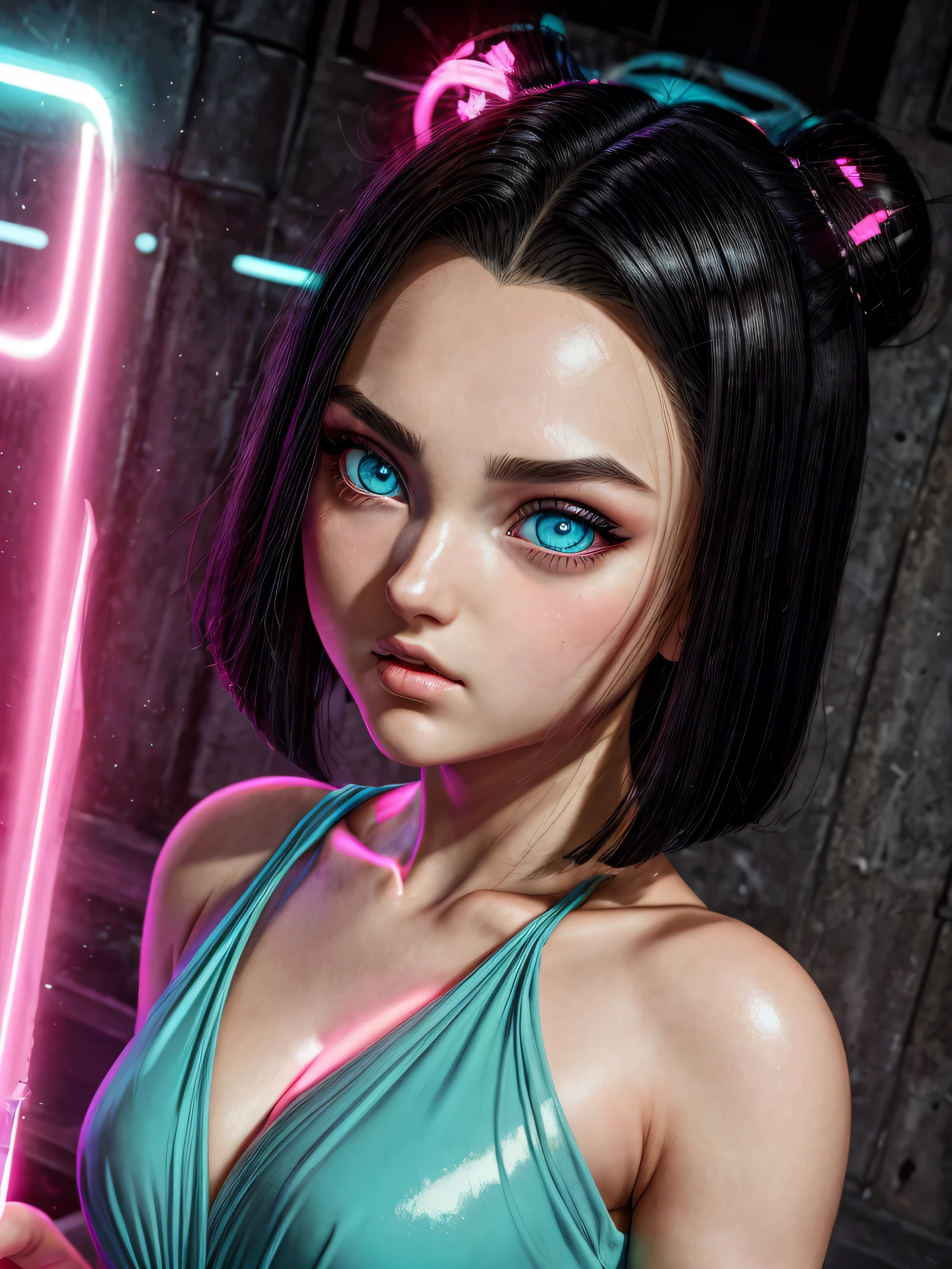 An exquisite masterpiece of top quality and high resolution featuring Marnie. Big sleepy eyes, Aqua eyes、Glowing under the dim light. black short hair, only head and shoulders, magazine style, pink top, russian girl, hyperrealistic. Android 17
