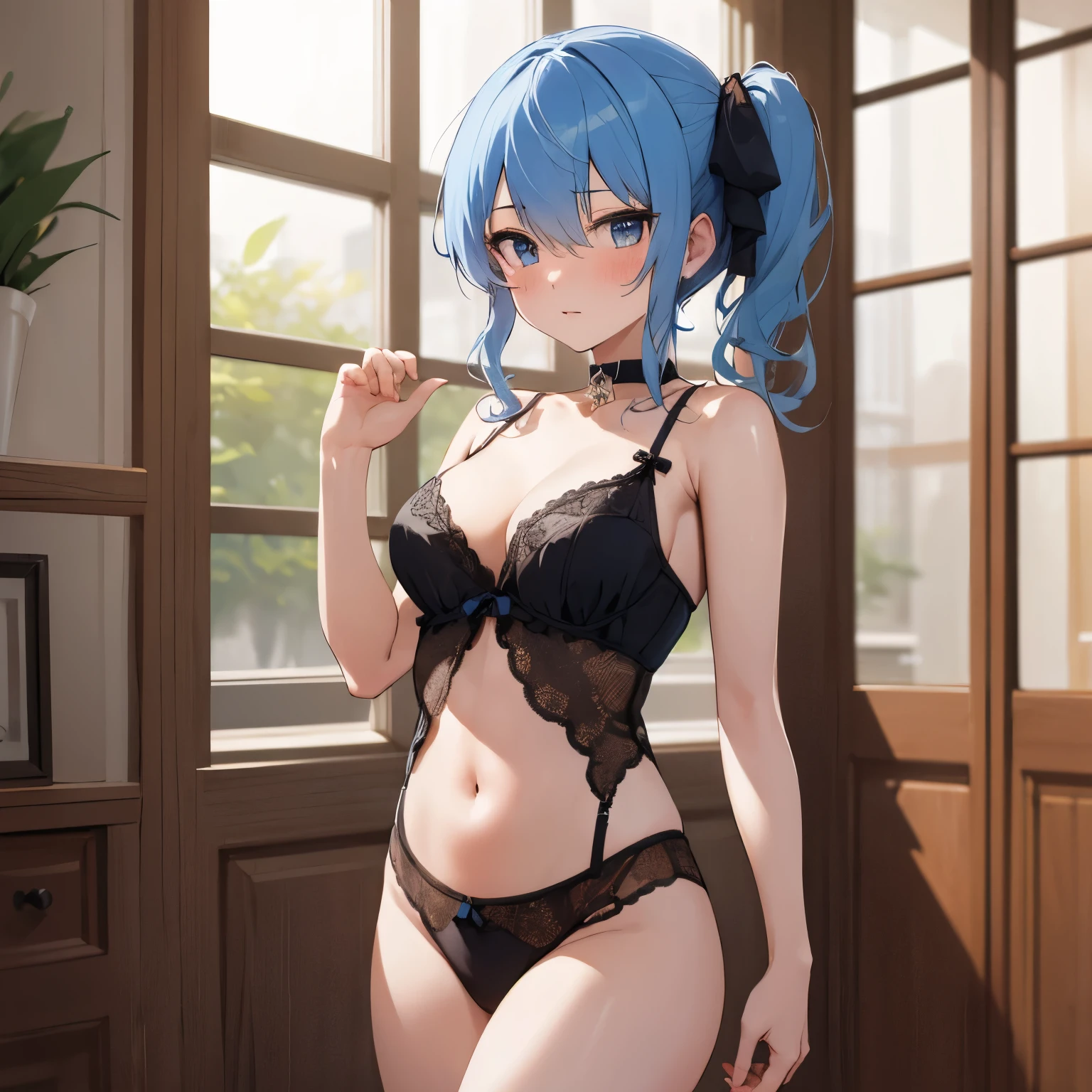 hoshimachi suisei,blue eyes,blue hair,choker,hair between eyes,medium hair,side ponytail,スターchoker,1 girl,highest quality, High resolution,(thin and beautiful eyes:1.6),(perfect hands, perfect anatomy),(((masterpiece))),((highest quality)),shyness,troubled face,blush,whole body,luxury lingerie,cleavage,,thin waist,indoor