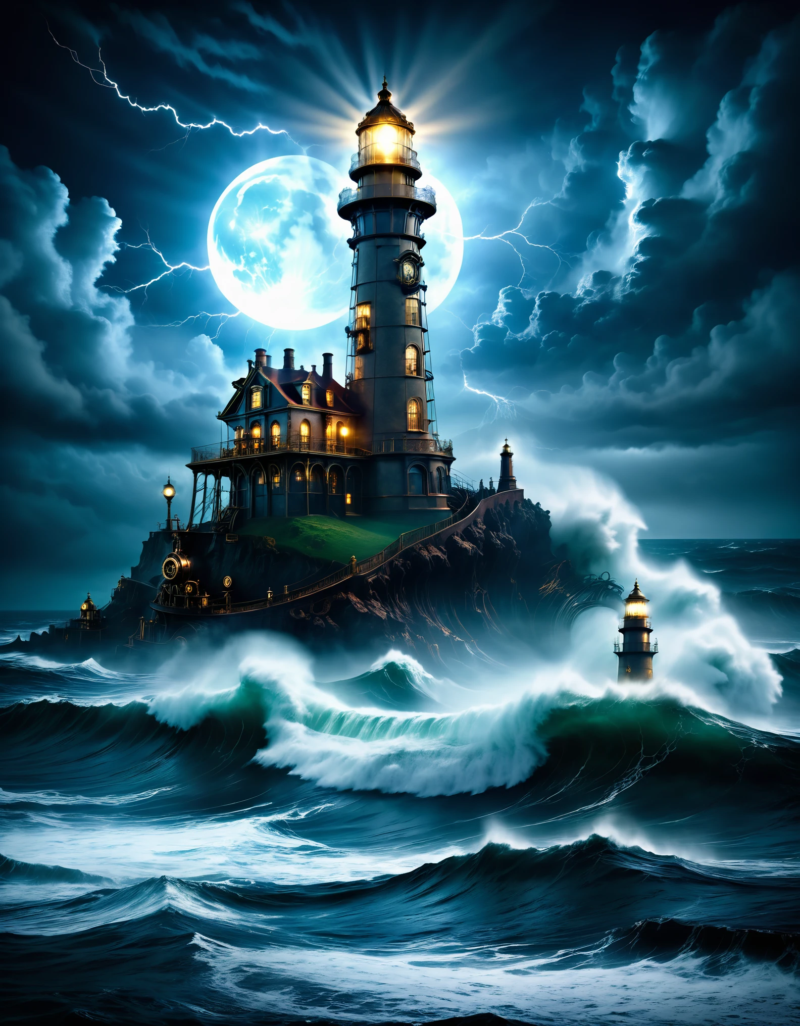 A solitary lighthouse steampunk battling the storm, the light of the full moon illuminating the tumultuous waves, the mystical mist adding an atmosphere of mystery and danger, while lightning rends the night sky, reflective water, ultrahigh definition, 3D depth, inspired by Leonardo da Vinci, Rembrandt, J.M.W. Turne