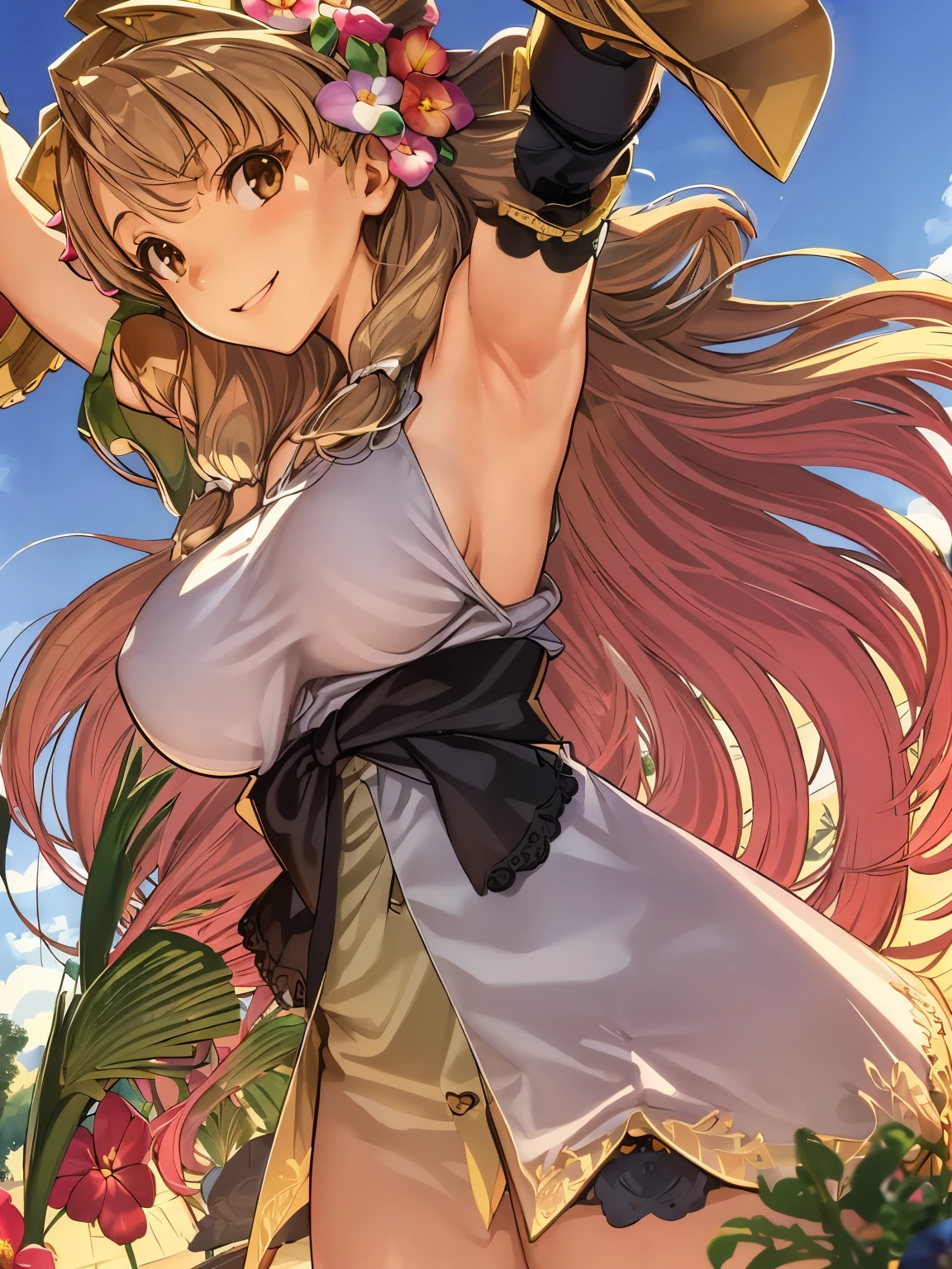 Show your armpitasterpiece), (1 girl), (smile), (huge breasts:1.2), (close up of chest), (long hair), (outstretched arm), (looking at the viewer), (From before), (hair flower), (flower garden), (Pasture)