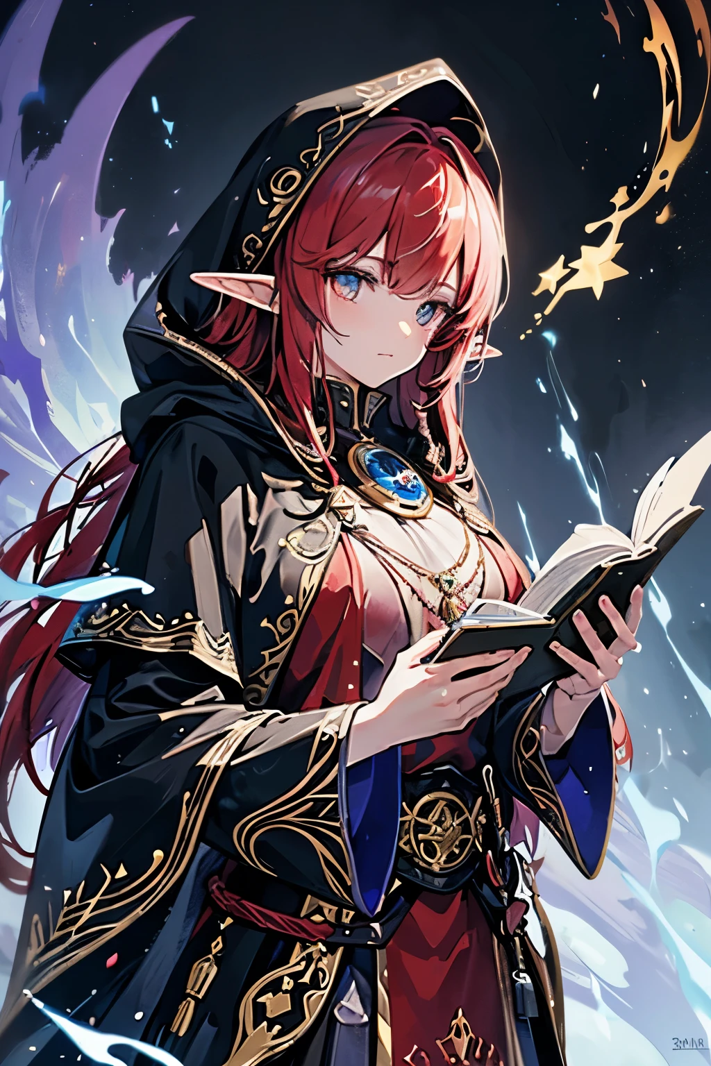 (best quality,4k,8k,highres,masterpiece:1.2),ultra-detailed,(realistic,photorealistic,photo-realistic:1.37),a wizard using blindfold on her eye with red robe,illustration,velvet texture,sparkling stars,magical staff,bright glowing eyes,sorcery,ancient spellbook,dark enchanted forest,mysterious shadows,candlelight,silver moonlight,dazzling aura,mystical atmosphere,ornate golden patterns,hooded cloak,hauntingly beautiful face,golden trims,colorful shimmering spells,whispering incantations,flames dancing,portraits,imposing presence,colorful aura,casts powerful spells,otherworldly magic,transcendent power,mythical creature,mesmerizing landscape,fantasy world,majestic castle,impressive architecture,mystic energy,powerful wizardry,vivid colors,enigmatic gaze,moonlit night,stormy skies,sorceress,illustrated masterpiece,commanding magic,master of the elements,curious expressions,hidden secrets,ominous clouds,transformation magic,ancient knowledge,captivating painting,ethereal beauty,enchanted beings,glowing runes,profound wisdom,glimmering stars,(red hair),(half-elf)