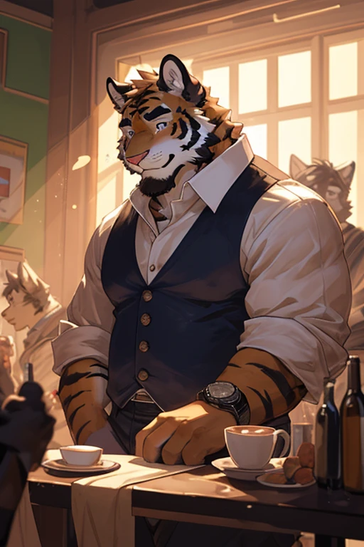 tiger, fat, shirt, 1boy, white shirt, upper body, male focus, collared shirt, pants, look to down me, suspenders, pectoral muscles, sleeves rolled up, watch, watch, wolf ears, beard, blush, sweat black and white stripes, collar dog, sweating, happy face, handsome, view looking up from directly below, stand