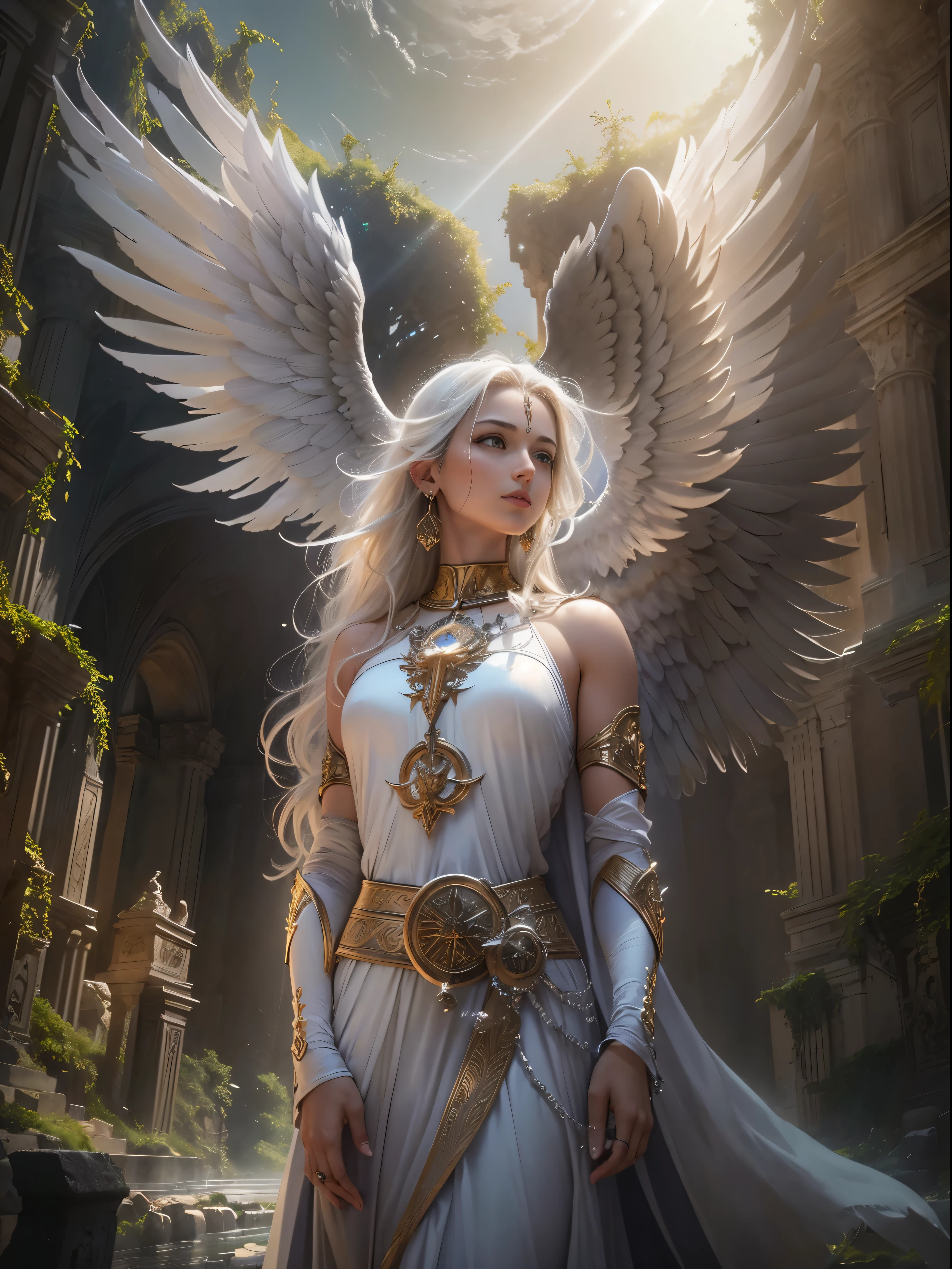 archangel michael、The last piece of the four angels,highest quality,Super detailed,High resolution,High resolution,4k,4K portrait,8k,8K portrait,unity 8k wallpaper,very detailedCG,realistic,RAW photo,real person,portrait photography,Photorealistic,shiny skin,fine skin,(Number of award-winning masterpieces々々, incredibly detailed, Texture and maximum detail), ((Full body standing image)), (hyper realistic:1.4), (realistic:1.3), (upper body up:0.3), (highest qualityのリアルな質感の肌), (Accurate, complete circle, Beautifully drawn symmetrical eyes,) (Ring of divine radiance above the head:1.5), ((medieval world)), ((((black angel of the lord, white angel of the lord)))), ((full body portrait)), (beautiful and kind eyes), (she has a mischievous smile on her face), (Beautiful colored eyes full of compassion), Shining majestic clouds and sky, (halo optical phenomenon), (angels dancing in the background), (dramatic light), (majestic sight), (her expression is calm, Full of kindness, and so beautiful.), ((Large winged old wing with pure white feathers behind the shoulders))), glass earrings in the ears, (((dramatic photos))), (twilight), (sunset), (evening), (sacred pose), (golden hair), (silver hair), (chestnut hair), short cut hair, ((look up)), ((look down)), ((gives Full body standing image)), (Around her neck is an elaborately crafted necklace..), Old ruins overgrown with plants, great temple, Cathedral, temple ruins, detached temple, (Shining magic circle), ruins of an ancient castle, desolate ruins, crumbling ruins, Ancient ruins with clear flow of water through it, wavelet, flow of water, holy light, epic realistic, ((neutral color)), (HDR:1.5), (calm colors:1.2), very detailed, cinematic, warm light, dramatic light, (intricate details:1.1), complex background,