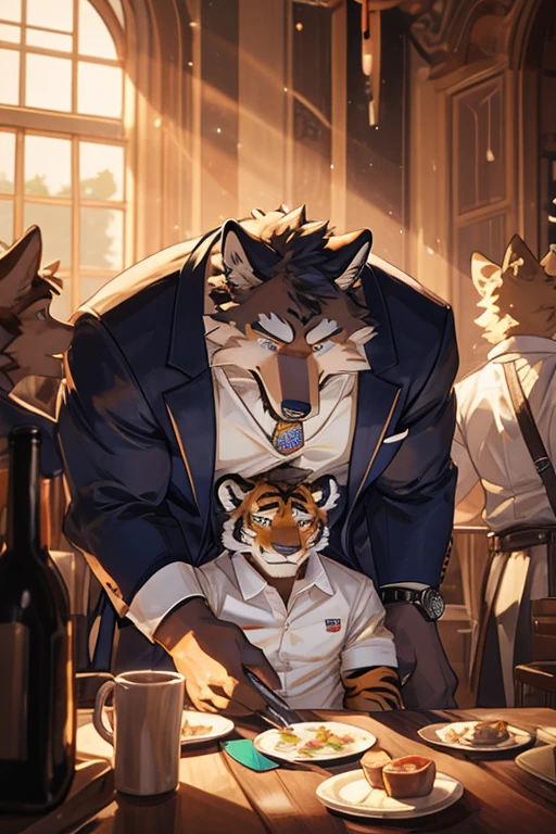 tiger, fat, shirt, 1boy, white shirt, upper body, male focus, collared shirt, pants, look to down me, suspenders, pectoral muscles, sleeves rolled up, watch, watch, wolf ears, beard, blush, sweat black and white stripes, collar dog, sweating, happy face, handsome, view looking up from directly below, sit on chair