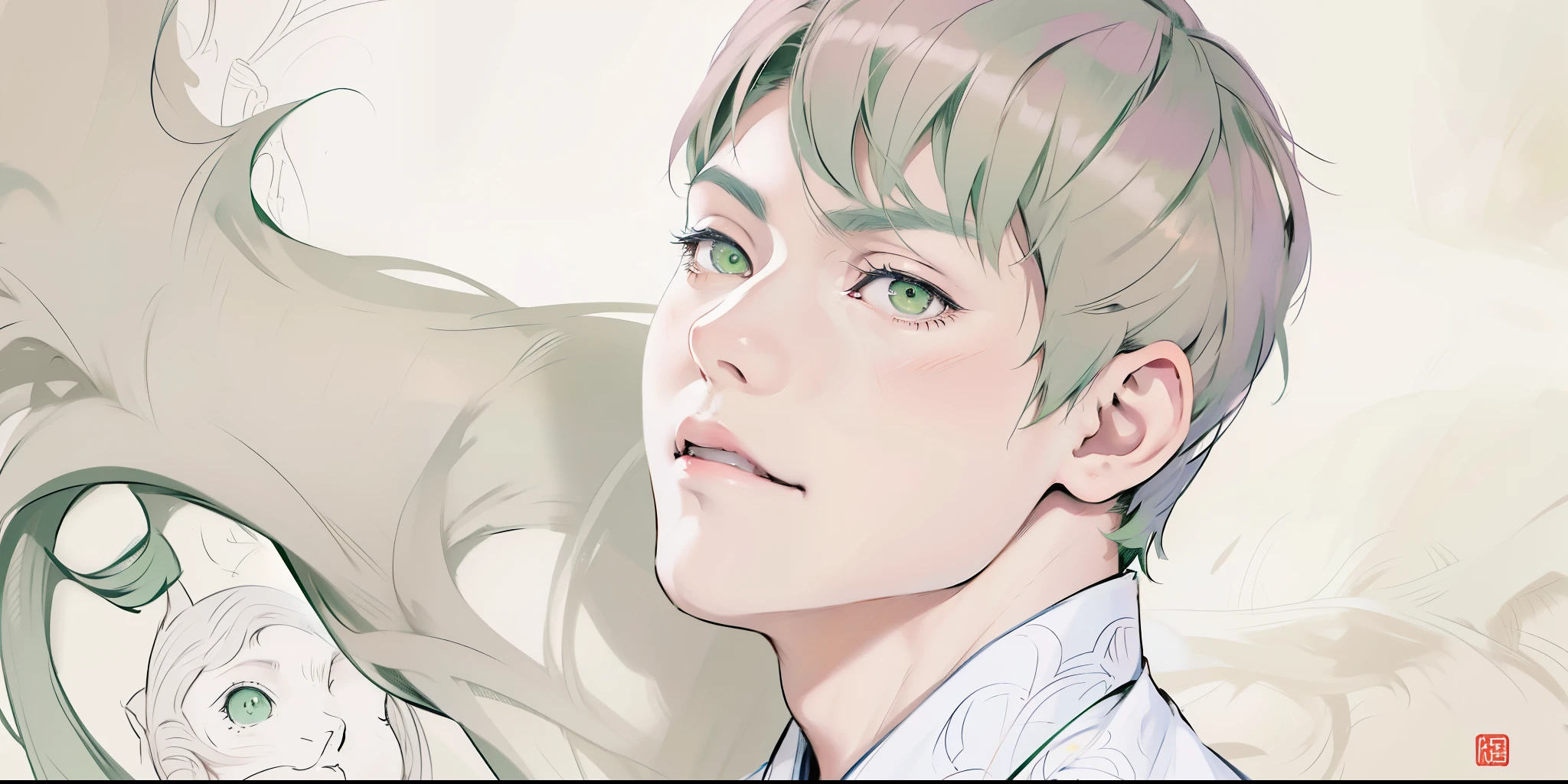 cute boy with green hair, green eyes, ,Imagen de estilo anime de un hombre con traje y corbata en una ciudad., inspirado en Yanjun Cheng, kentaro miura manga art style, retrato anime de un hombre guapo, chico anime alto con ojos azules, en un estilo anime, chico guapo en el arte de Demon Slayer, inspirado en Yanagawa Nobusada, Inspirado por Bian Shoumin, anime coreano art nouveau