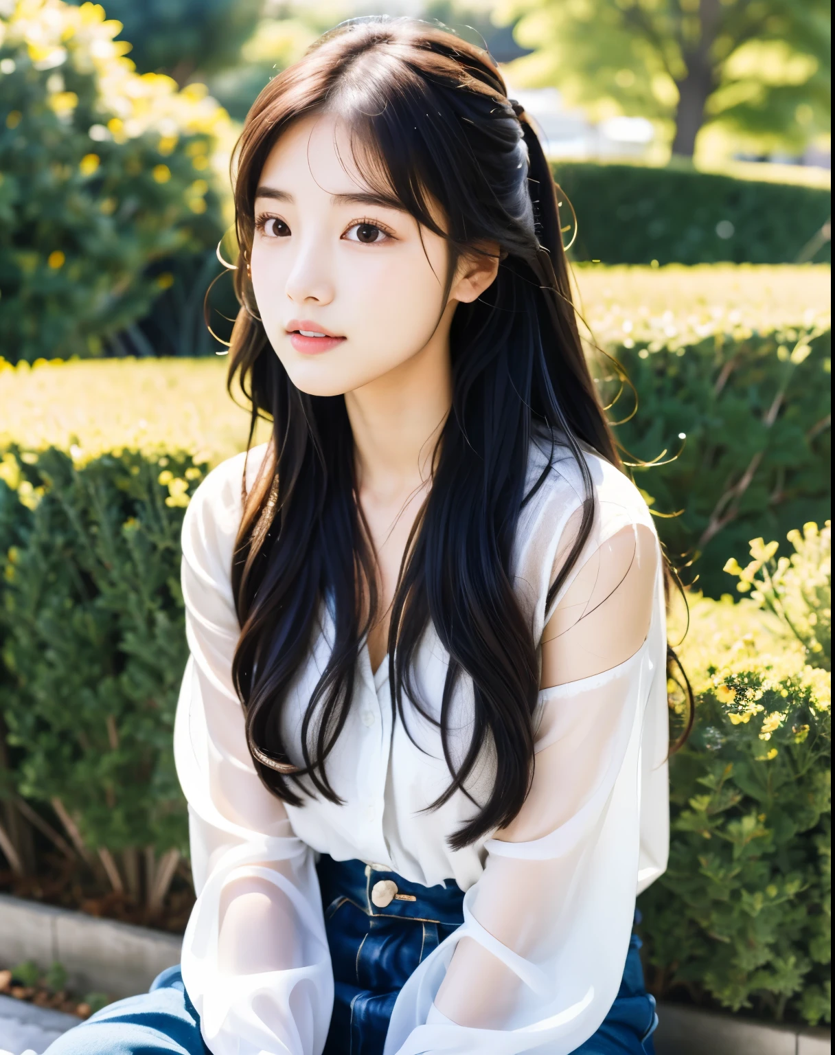 there is a woman with long hair wearing a white shirt, ulzzang, korean girl, heonhwa choe, sakimichan, xintong chen, sun yunjoo, lee ji - eun, lee ji-eun, wenfei ye, jaeyeon nam, park ji-min, jinyoung shin, chiho, yun ling, gongbi